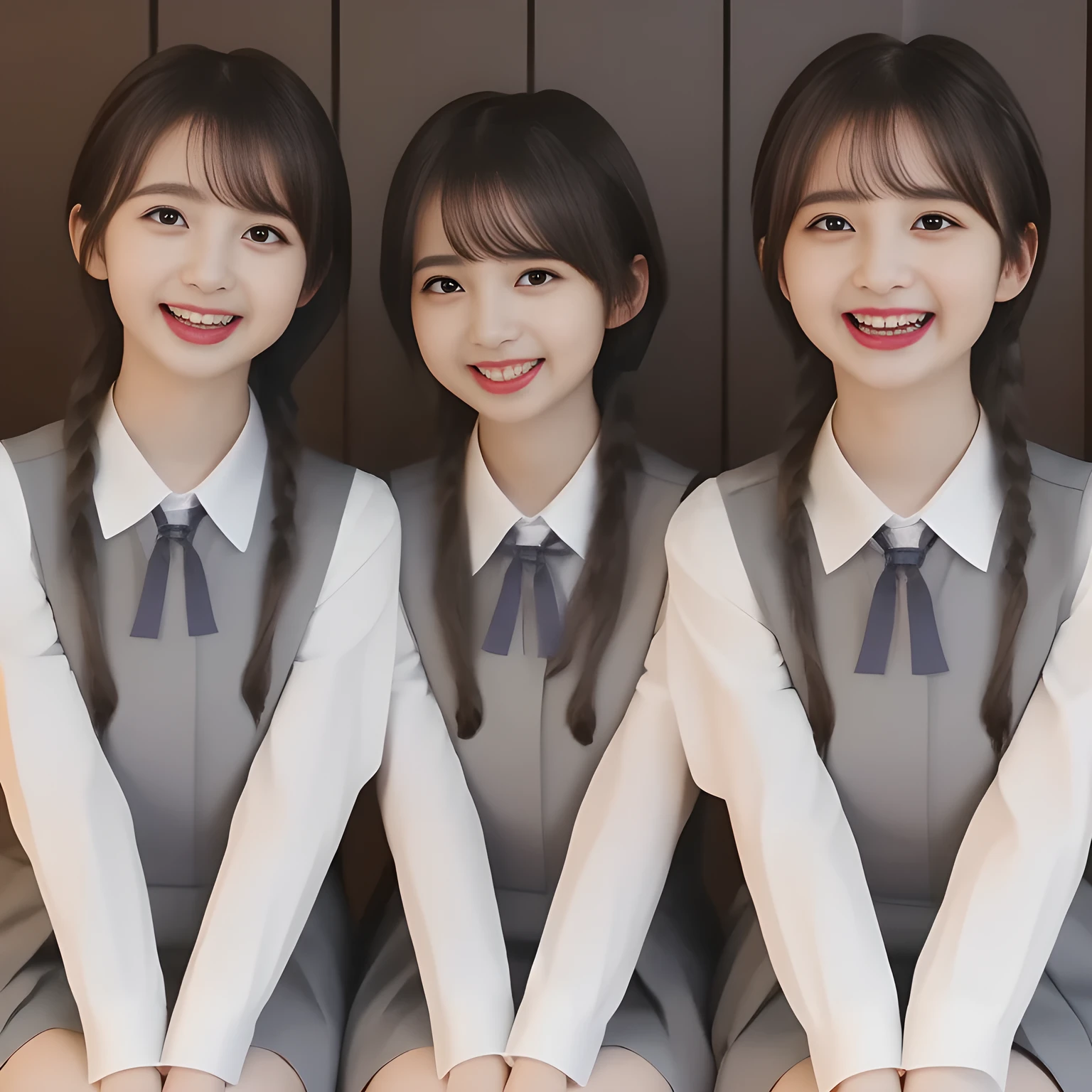 (highest quality, masterpiece, high resolution:1.2), 4K, (Photo quality detailed foreground: 1.2), geometry, (Two neat noble beautiful slender girl, girly very-long-braids-hair too beautiful photo model are seated, looking up the viewer like praying, squeezing and (drinking the viewer), and (giving contempt laughter at the viewer) with her too beautiful eyes like laughing fashion model: 1.7), (Using expensive face-whitening cosmetics to make her skin more beautiful and pure by professional makeup artist: 1.5), ((Light-Gray) Japanese school girly vest Uniform with neat girly light-yellow short-sleeves school blouse, puffed short sleeves: 1.2), (white socks and school loafers: 1.5), (Dark blue glossy glossy school ribbon on the breast: 1.0), (Extremely laughing cheeks: 1.8), (Beautiful light-amber large clear open eyes with balanced and detailed cutely: 1.4), (double eyelids: 1.0), (highly curled bangs: 1.2), (Glossy lips: 1.0), (too long very neat braids hair: 1.7), (white and clear skin: 1.0)