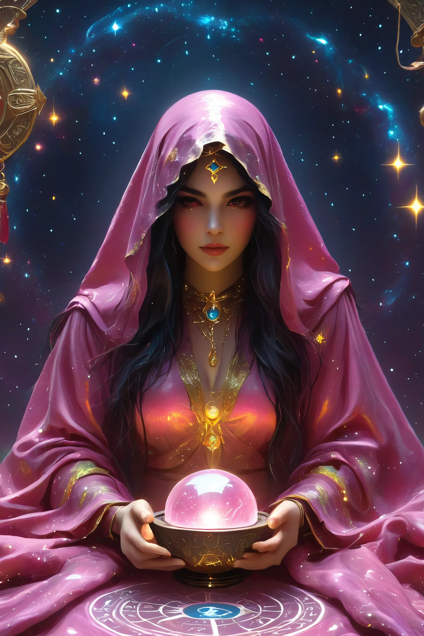 Magnificent, A pink robed astrologer sits quietly at a table covered with symbols,Holding a crystal star ball in hand,sits on the Zodiac table cloth,glowing colorful zodiac, There is arabic text at the bottom of the card, fit snugly on face, Tarot, Very high texture quality, Front and sides, Full of mysterious magic, the Front and sides are on the card, The overall color is dark pink and bright gold, Reflective shiny gold, Ultra-detailed face, Ultra-fine clothing texture, Ultra Detailed,glowing golden aura background