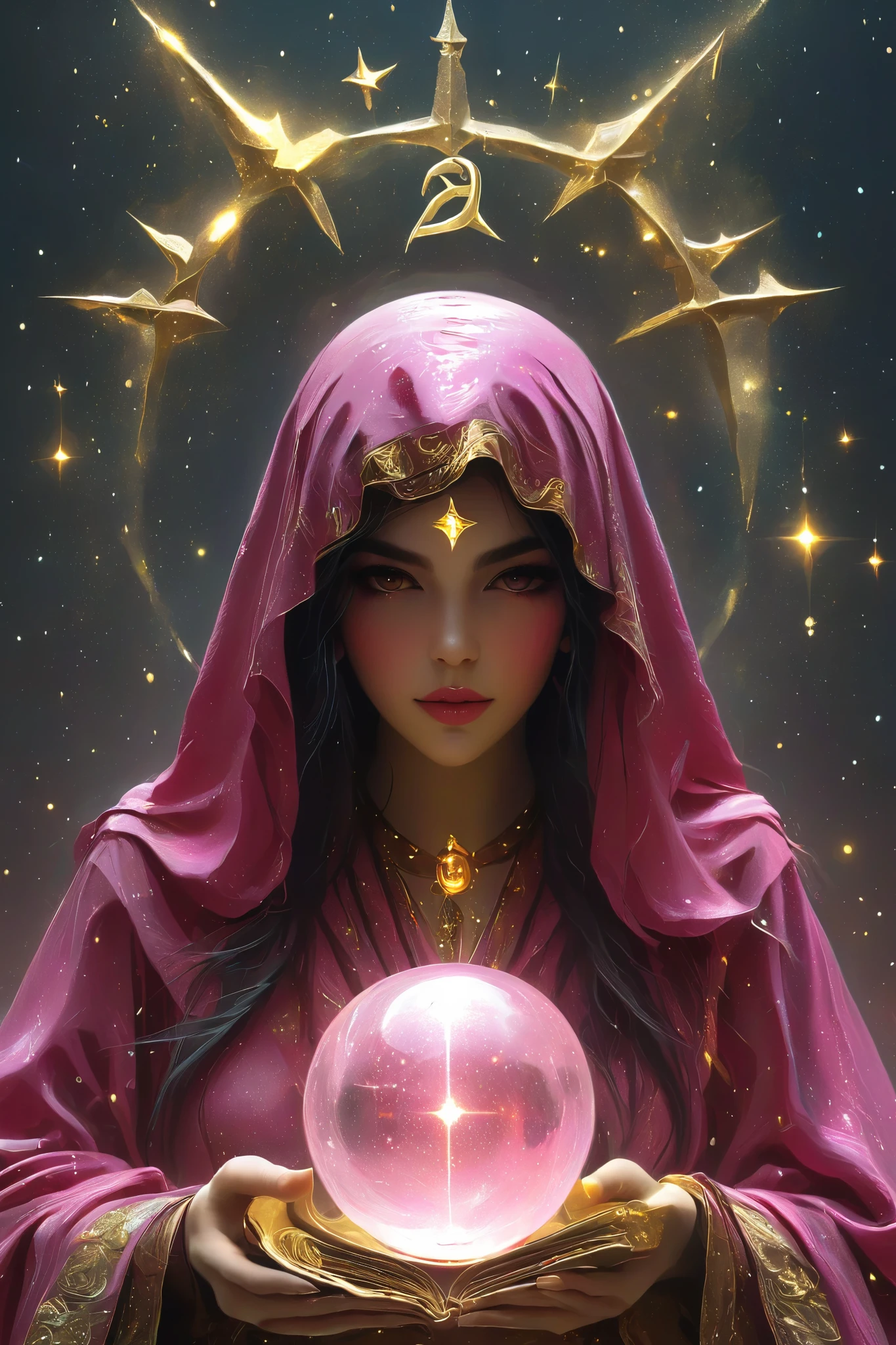Magnificent, A pink robed astrologer sits quietly at a table covered with symbols,Holding a crystal star ball in hand,sits on the Zodiac table cloth,glowing colorful zodiac, There is arabic text at the bottom of the card, fit snugly on face, Tarot, Very high texture quality, Front and sides, Full of mysterious magic, the Front and sides are on the card, The overall color is dark pink and bright gold, Reflective shiny gold, Ultra-detailed face, Ultra-fine clothing texture, Ultra Detailed,glowing golden aura background