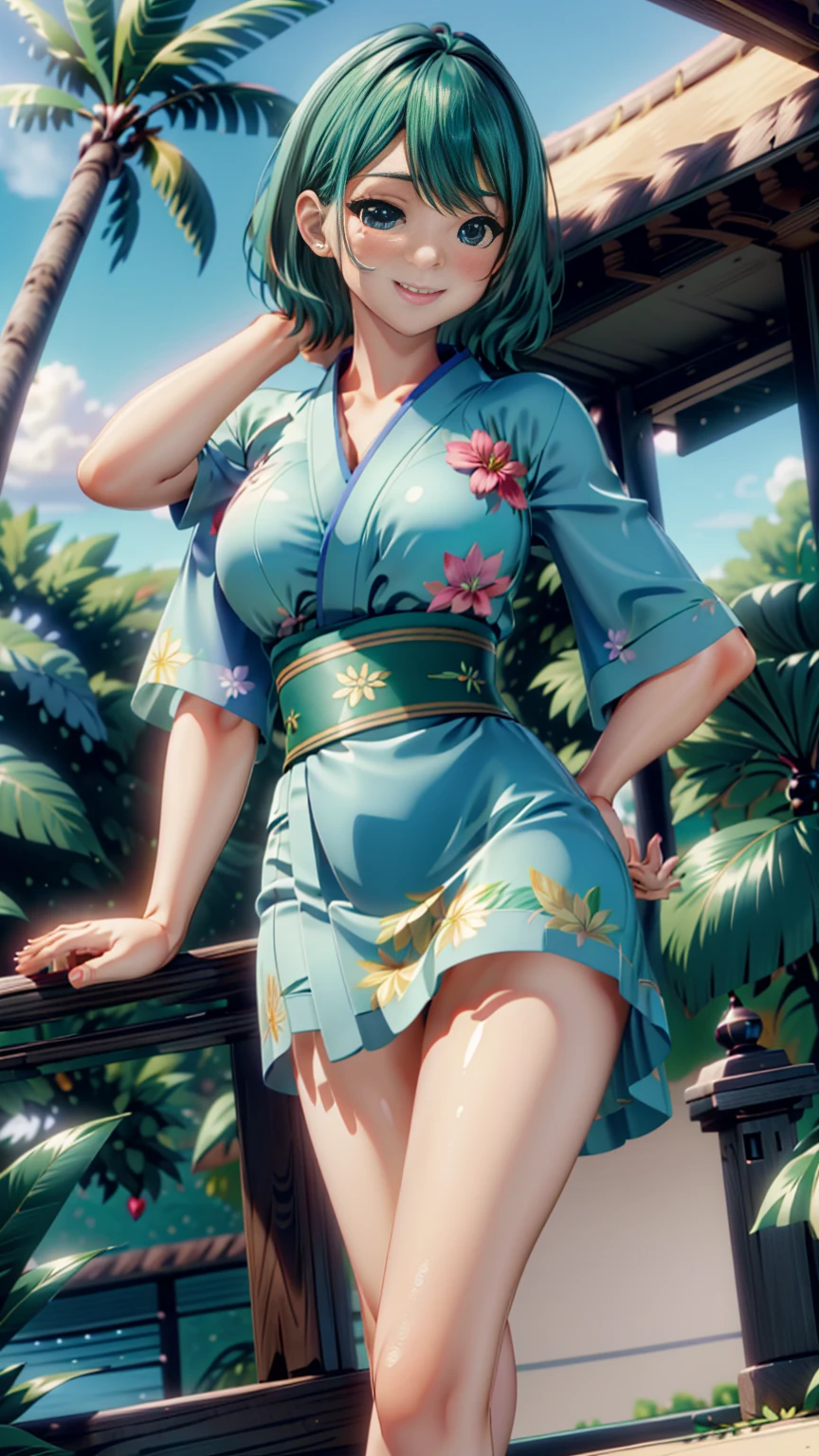 Yamashina Mizuho, masterpiece, best quality, an attractive sexy mature woman sitting on a bench in a kimono, 1girl, solo, japanese clothes, breasts, cleavage, kimono, no panties, female pubic hair, pussy, feet, nsfw, dress lift, spread legs, legs up, japanese sandals, seductive smile, red face, hair ornament, chignon hairstyle, single hair bun,