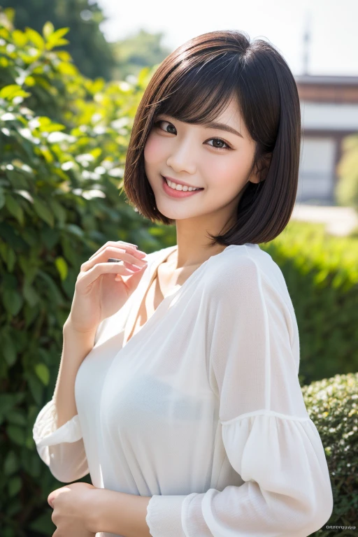 Highest quality、Super detailed、masterpiece、Real、写真Real、One girl、(cute17歳の少女、Small Head)、(cute:1.2)、Big smile、(Brown Hair、Short bob hair)、Brown eyes、Perfect Glowing Skin、((Slender))、((Perfect body))、Model pose、Accurate depiction、w 、White shirt、Blue Skirt、Red tie、Big ample breasts、Bright lighting、sunny day、garden、Blurred background