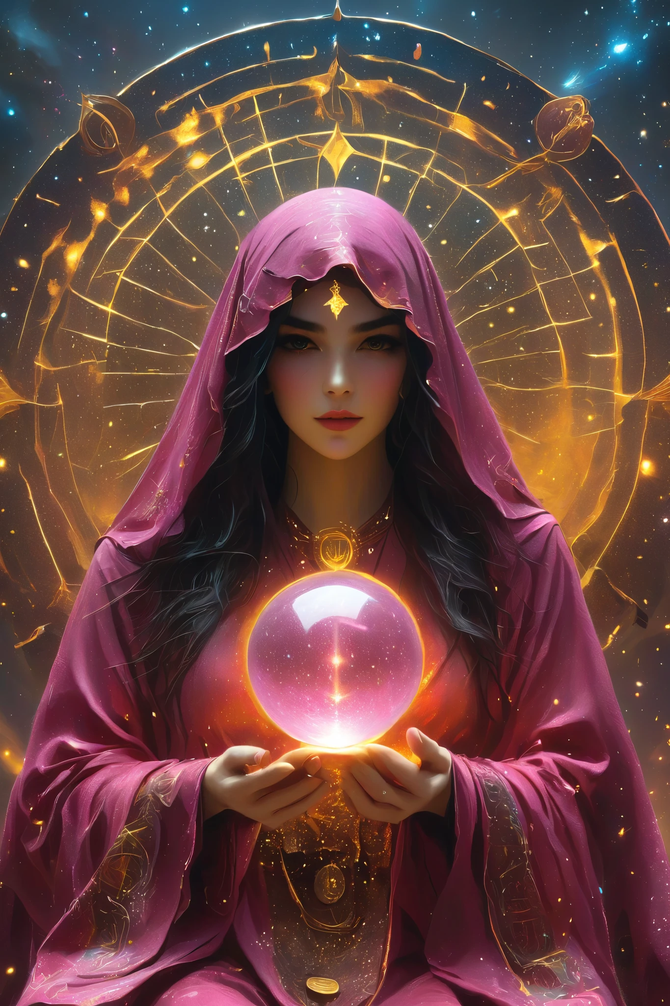 Magnificent, A robed astrologer sits quietly at a table covered with symbols，Holding a crystal star ball in hand,sits on the Zodiac table cloth,glowing colorful zodiac, There is arabic text at the bottom of the card, fit snugly on face, Tarot, Very high texture quality, Front and sides, Full of mysterious magic, the Front and sides are on the card, The overall color is dark pink and bright gold, Reflective shiny gold, Ultra-detailed face, Ultra-fine clothing texture, Ultra Detailed,glowing golden aura background