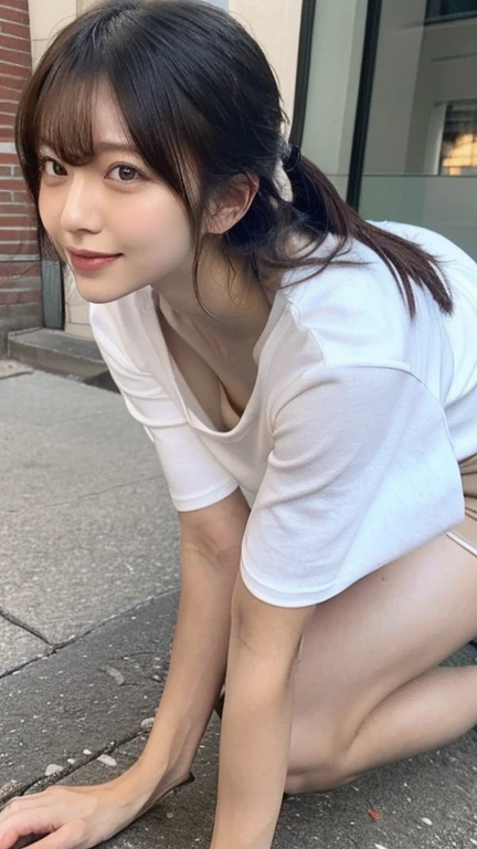 , Beauty, Surrounded by lots of cows , close up,Blushed face, Crouching,
