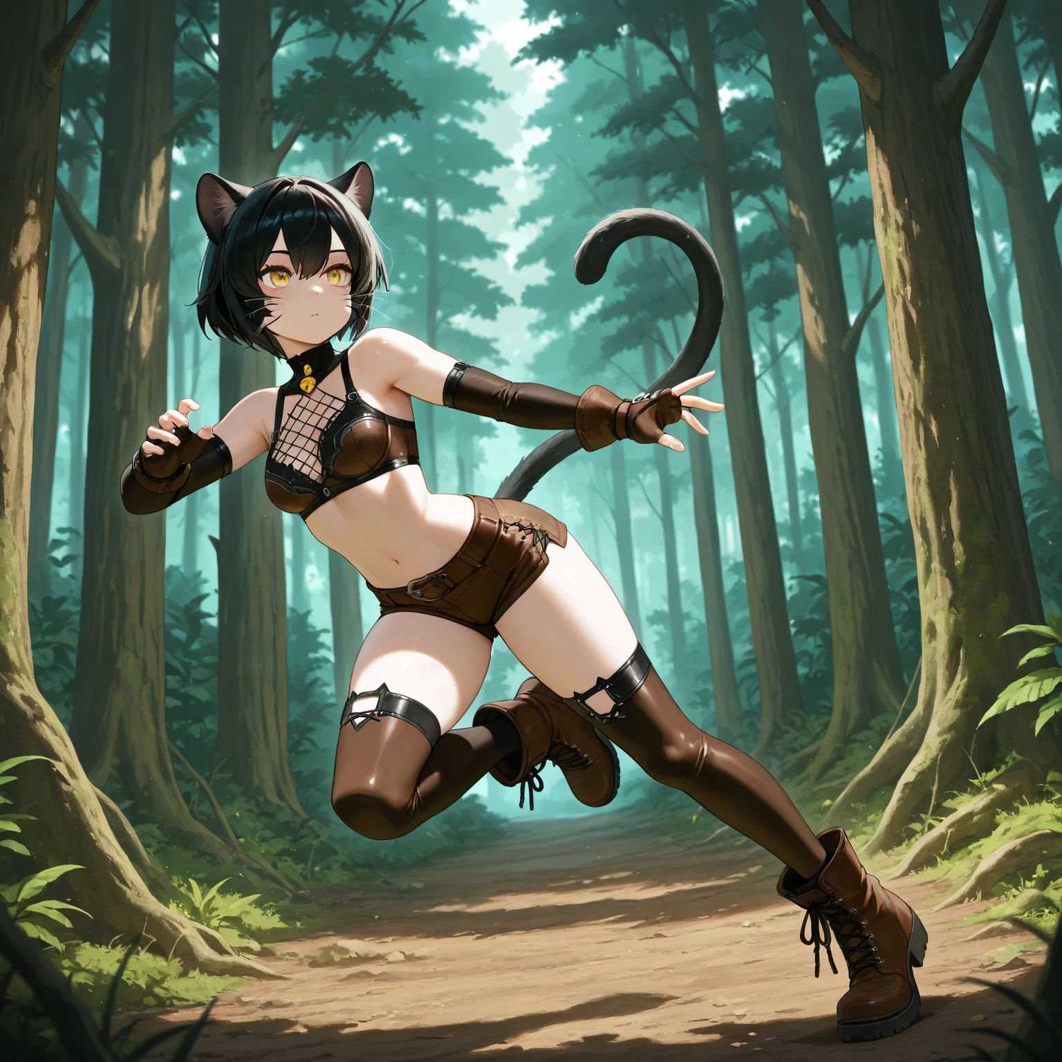 超A high resolution、An ultra-high picture quality、8K、Detailed details、marvelous expression、1 person woman、fox monster is your buddy、Monster Hunter Character Costumes、Have a big weapon、Beautiful green deep forest background、