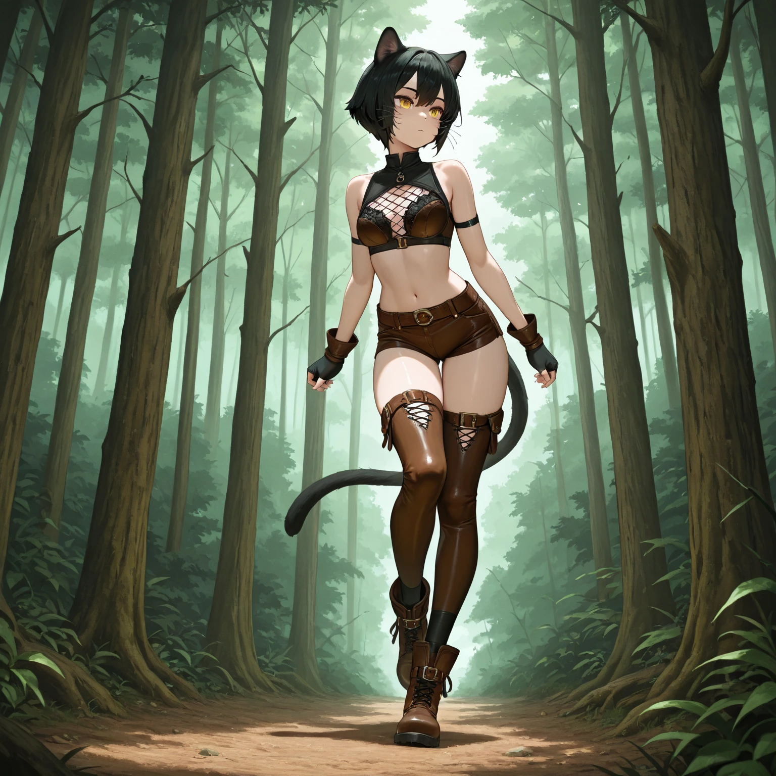 a closeup portrait of a playful female, undercut hair, amazing body, pronounced feminine feature, busty, forest, [ash blonde | ginger | pink hair], freckles, flirting with camera, leather bodice, necklace, thigh high boots, black fluffy tail, sharp nails