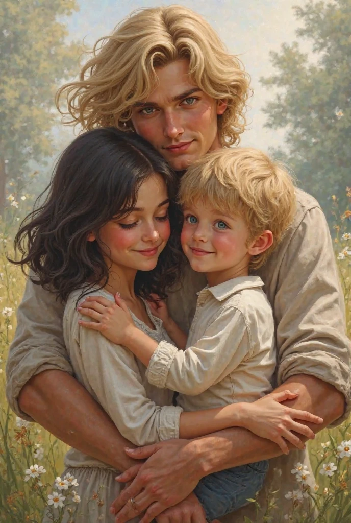 create a picture in which two grown up boys getting love from their cute old mother, realistic, disney style, vibrant colors