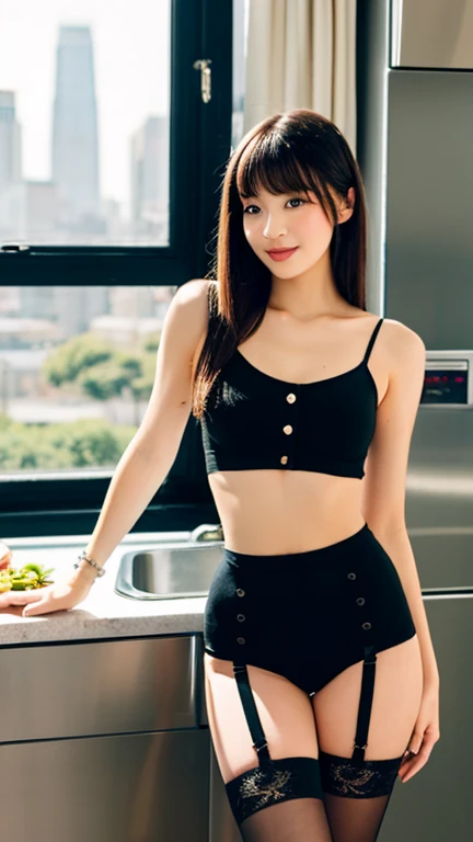 1 girl, small nose, very beautiful detailed face and eyes, bright colors, cute face, delicate beautiful face, Bright magenta eyes, cute eyes, sparkling eyes, Big eyes, (small breasts:1.3), (perky chest:1.1), (pointed chest:1.0), (cake magazine cover:1.1)，highest quality, WorKs of masters, High resolution,BlacK color hair，shiny hair, side ponytail,hair between eyes,bangs, (black jacket, real clothes, cleavage, black skirts, black thighhighs, thigh strap, fingerless gloves, single glove:1.2) , spread legs, panties shot, medium hips, glamorous body, white skin, smile, thin pubric hair, super beautiful face, Super beautiful eyes, Super beautiful hair，trendy outfit，sexy and attractive,full body esbian, Real World, Natural light,perfect Natural light,(with sparkling eyes and a contagious smile), This masterpiece is not only visually stunning but also tells,  make of cake cooking , in the kitchen, open mouth, looking at viewer,
