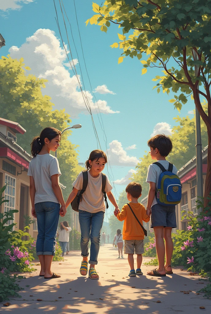 prompt: Young people, Small、Having fun playing in a beautiful village garden full of colorful flowers, wood, and green grass. The scene is calm and bright、The sunlight shines through the leaves.
