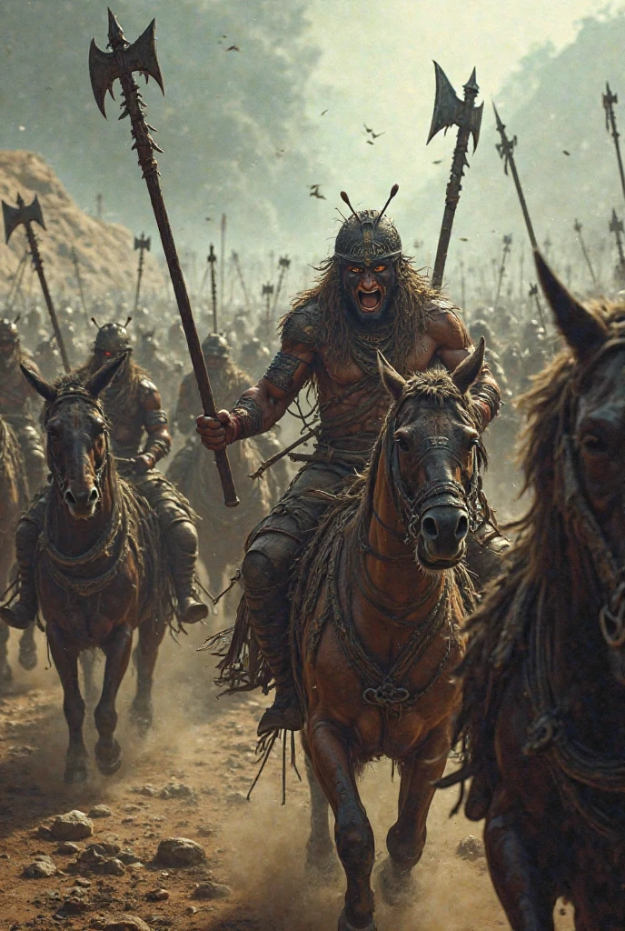 arafed man with a beard and a helmet on in a crowd of people, a detailed matte painting inspired by Li Gonglin, trending on cg society, samikshavad, jason momoa as assyrian, jason momoa as conan, jereme momoa as tarzan, still from a fantasy movie, hybrid from dynasty warriror, 8 k movie still