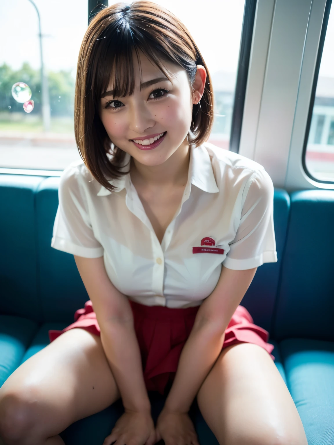  in the classroom、 best quality  ,   masterpiece ,  Ultra Fine,   very detailed depiction of 1 animal 、( bright light that emits bubbles 、 realistic、 photorealistic、 original photos :1.2),   vivid color、 perfect anatomy from a shellfish、 one girl,  mature、 and crouch down on the train seat 、  short hair on a business trip 、 JK uniform ,   GIRL STUDENT、  check skirt、cute skirt and uniform  、 Thailand、 cute panThailand、 strong eyes 、 prankっぽい笑顔で舌を出している , in the bedroom、 showing off her body  , (spread your legs横になる、PanThailand visible in the triangular zone 、 cute panThailandが見える、spread your legs:1.4)、(  panting with pleasure   、I'm putting up with the pain、  almost cry:1.3)、 prank、 front shot 、Short legs、 version