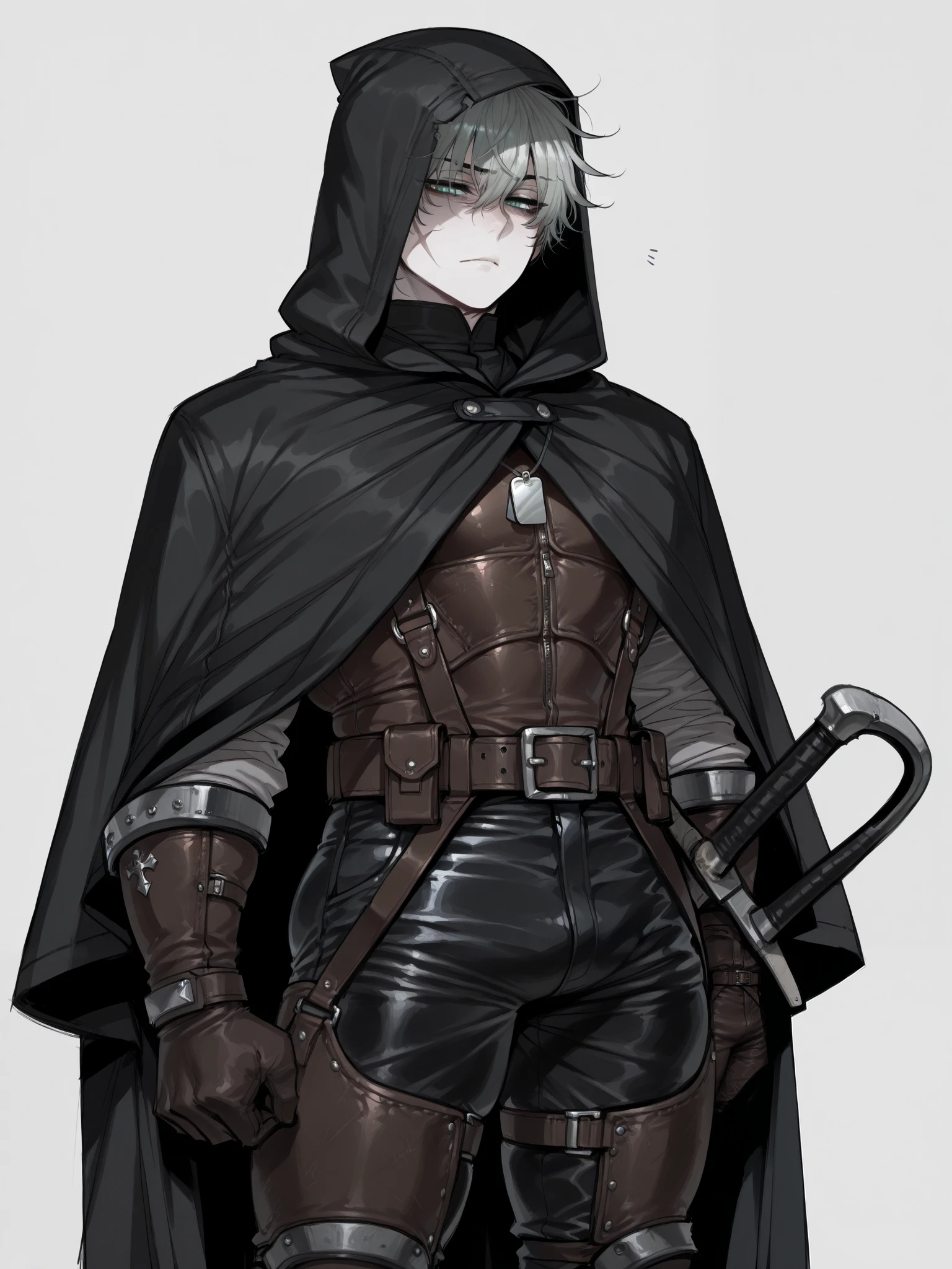 ((ratatatat74)), ((1 boy)), ((male)), ((tall)), adult, Quality_masterpiece, Anatomically correct, fair_skin, white_skin, athletic and muscular build, slender, short disheveled gray hair, (jade eyes), half-closed eyes, (tareme), detail_eyes, black hooded cloak, (long cloak), focused and serious expression, scar_across_chin, ((Veterans Leather Armour)), harness, tactical belt, leather pants, leather gloves, boots, rugged and practical, sturdy design, soldier dog tag, standing, (sword on waist belt), ((sheathed)), anime style, (masterpiece), simple background, ((cowboy_shot))