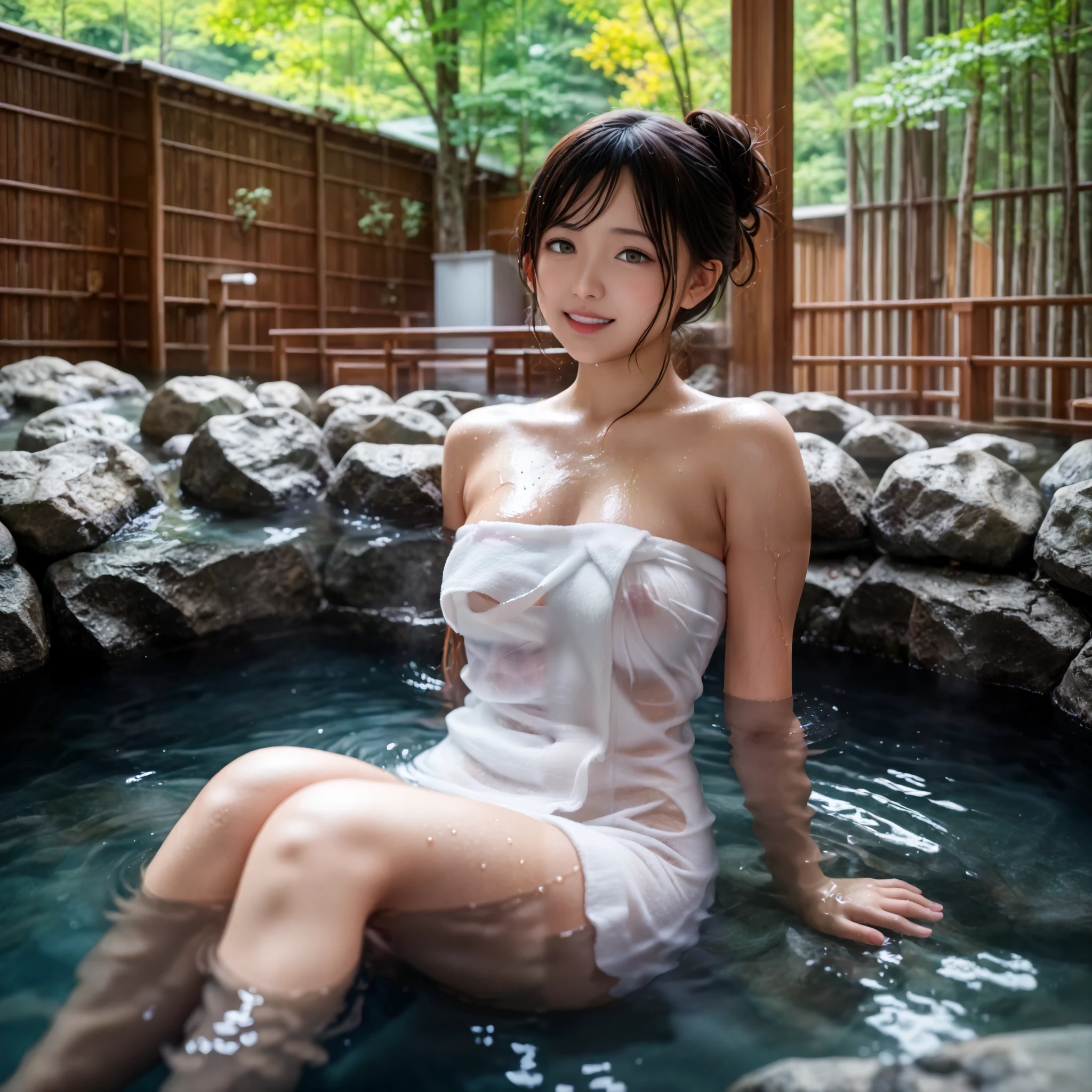 best quality 、high quality of wavy lines 、 最high resolution、high resolution、8K quality、high image quality 、best quality、 masterpiece 、Immersive video、 very realistic images 、Realistic painting、 perfect details 、 high contrast 、High fidelity、 perfect picture without blur、Close to reality、 images reproduced in every detail、 detailed and realistic weapon 、 detailed and realistic human skin 、 realistic face down to the smallest detail、 Realistically detailed eyes 、 realistic lips drawn down to the smallest detail 、 Detailed and real teeth、Realistic ears、 Realistic hair 、((Japanese Models))、((gravure idol))、(( HIGH SCHOOL GIRLS))、((Young Face))、((black hair))、(( medium rounded chest))、((stylish body illuminated by moonlight ))、(((Wet skin all over)))、((Deep in the forest))、((A natural hot spring springs forth ))、(( Hot springs surrounded by rocks))、((Deep Hot Springs ))、((The open-air bath is surrounded by a Japanese garden and large rocks))、(((Woman in water)))、(((Lower body submerged in water)))、((( Sitting in Water (Submerged Body )))、(((部分的にSubmerged Body )))、((( I can see through my skin.wrapping a wet towel around her body )))、((( I can see through my skin. a transparent towel wrapped around her body )))、(( Naked towel digging into breasts ))、(((Steam from the surface of the water)))、(( subject close-up ))