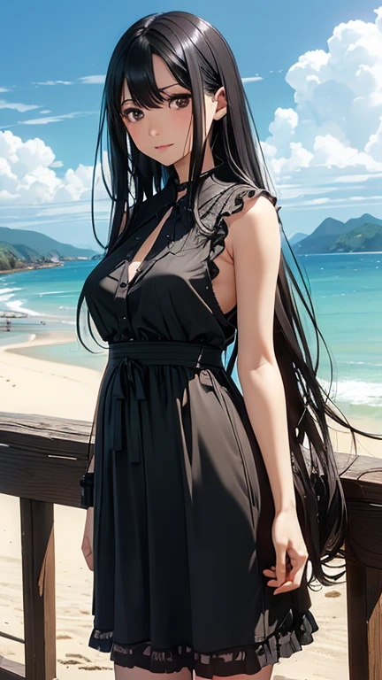 Beach,Black Hair,Straight hair,Black Dress,Nipples,smoking,Super high quality,masterpiece,super high quality,Ultra-high resolution,Best image quality,Top-class,最high quality,Highest Resolution,high quality,beautiful,beautiful,high quality,Genuineな質感,Genuine,8k,detailed,Two-dimensional beautiful girl、Second dimension beautiful girl、Big Breasts、Slender figure