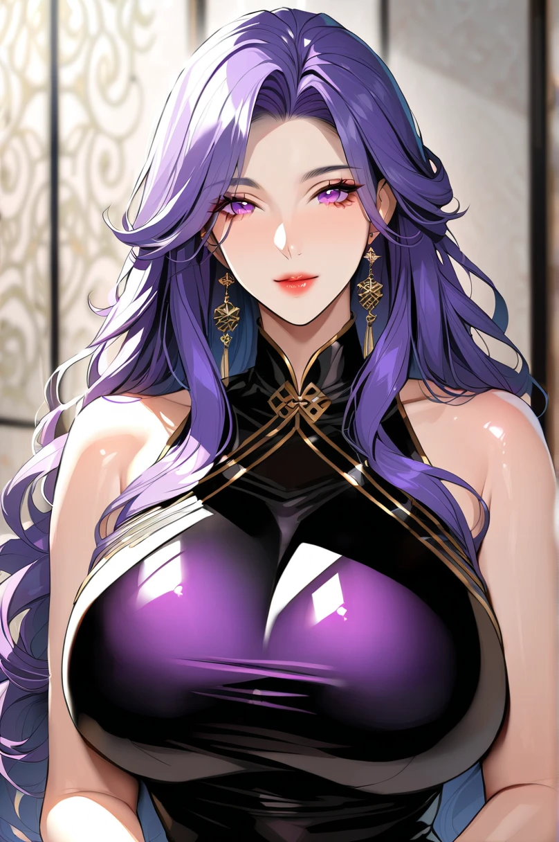 1girl, solo, manhwa Purple long hair, white coat, Low cut clothing, ruby necklace, Golden Ring, White short skirt, Black suspender socks BREAK (((masterpiece))), ((best quality)), ((intricate detailed)), ((Hyperrealistic)), absurd res, milf, mature woman, perspective, highly detailed, illustration, perfect hands, detailed fingers, beautiful detailed eyes,