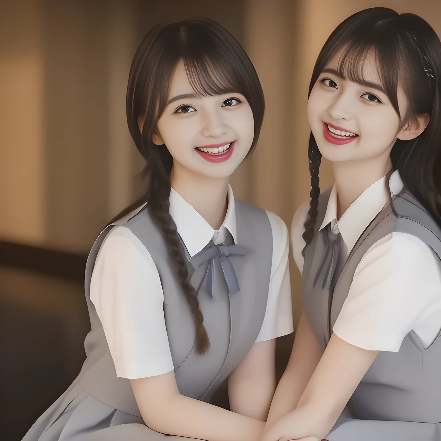 (highest quality, masterpiece, high resolution:1.2), 4K, (Photo quality detailed foreground: 1.2), geometry, (Two neat noble beautiful slender girl, girly very-long-braids-hair too beautiful photo model are seated, looking up the viewer like praying, squeezing and (drinking the viewer), and (giving contempt laughter at the viewer) with her too beautiful eyes like laughing fashion model: 1.7), (Using expensive face-whitening cosmetics to make her skin more beautiful and pure by professional makeup artist: 1.5), ((Light-Gray) Japanese school girly vest Uniform with neat girly light-yellow short-sleeves school blouse, puffed short sleeves: 1.2), (white socks and school loafers: 1.5), (Dark blue glossy glossy school ribbon on the breast: 1.0), (Extremely laughing cheeks: 1.8), (Beautiful light-amber large clear open eyes with balanced and detailed cutely: 1.4), (double eyelids: 1.0), (highly curled bangs: 1.2), (Glossy lips: 1.0), (too long very neat braids hair: 1.7), (white and clear skin: 1.0)