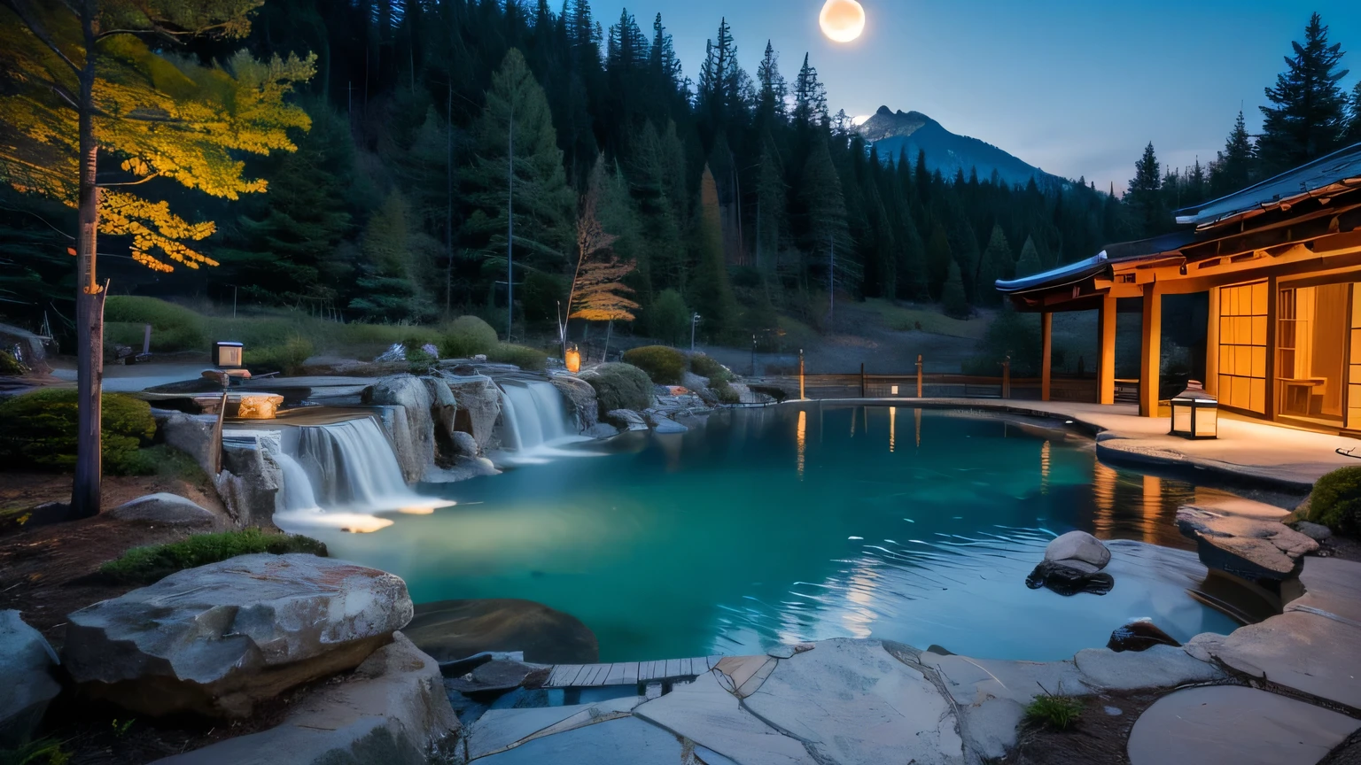 "A tranquil Japanese open-air hot spring (rotenburo) at night, with the hot spring occupying about 70% of the frame. The hot spring has a traditional Japanese rotenburo shape, complete with a flowing water outlet (Spout) gently pouring hot water into the pool. The steam rises from the warm water, reflecting the soft glow of nearby lanterns. Above, the sky reveals a slight glimpse of a full moon, adding a serene and mystical atmosphere to the scene. Lush trees surround the hot spring, and the overall atmosphere is peaceful and dreamlike."