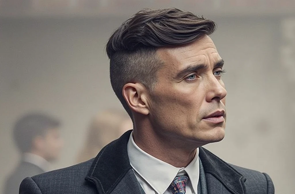 there is a man in a suit and tie standing in a room, costumes from peaky blinders, undercut hairstyle, undercut haircut, peaky blinders, peaky blinders (2018), one side haircut, 1 9 3 0 s haircut, style of seb mckinnon, up face with 1 9 2 0 s hairstyle, shaved sides short top
