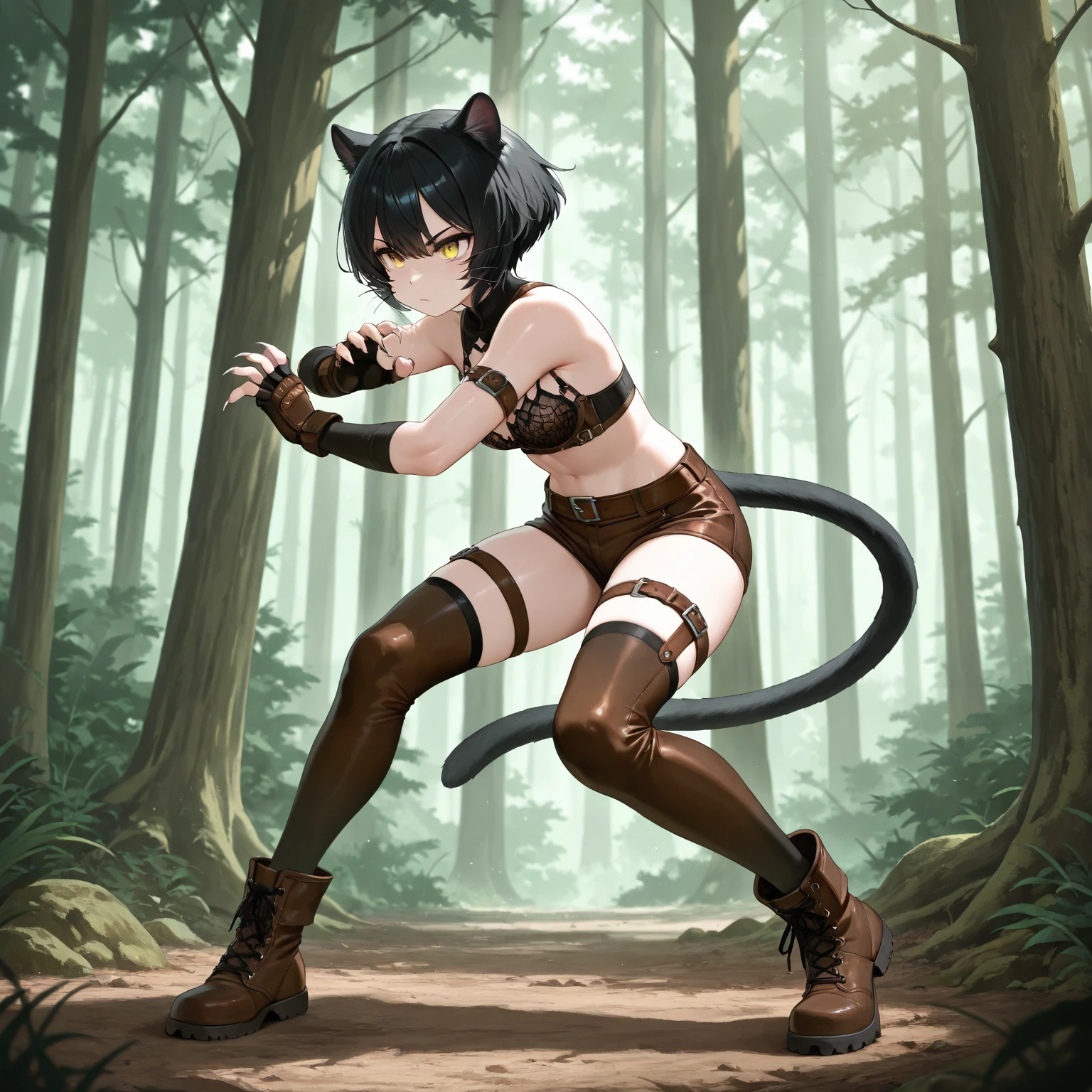 masterpiece, best quality, (extremely detailed CG unity 8k wallpaper), (best quality), (best illustration), (best shadow), absurdness, realistic lighting, (Abyss), beautiful detailed glow, art by PeterMohrBacher, Tabaxi, female, a goth, pretty face, serious face, short hair, green eyes, perfect body, fit body, abdomen, big breasts, muscular, small black thong, fishnets stockings, extra small bikini,