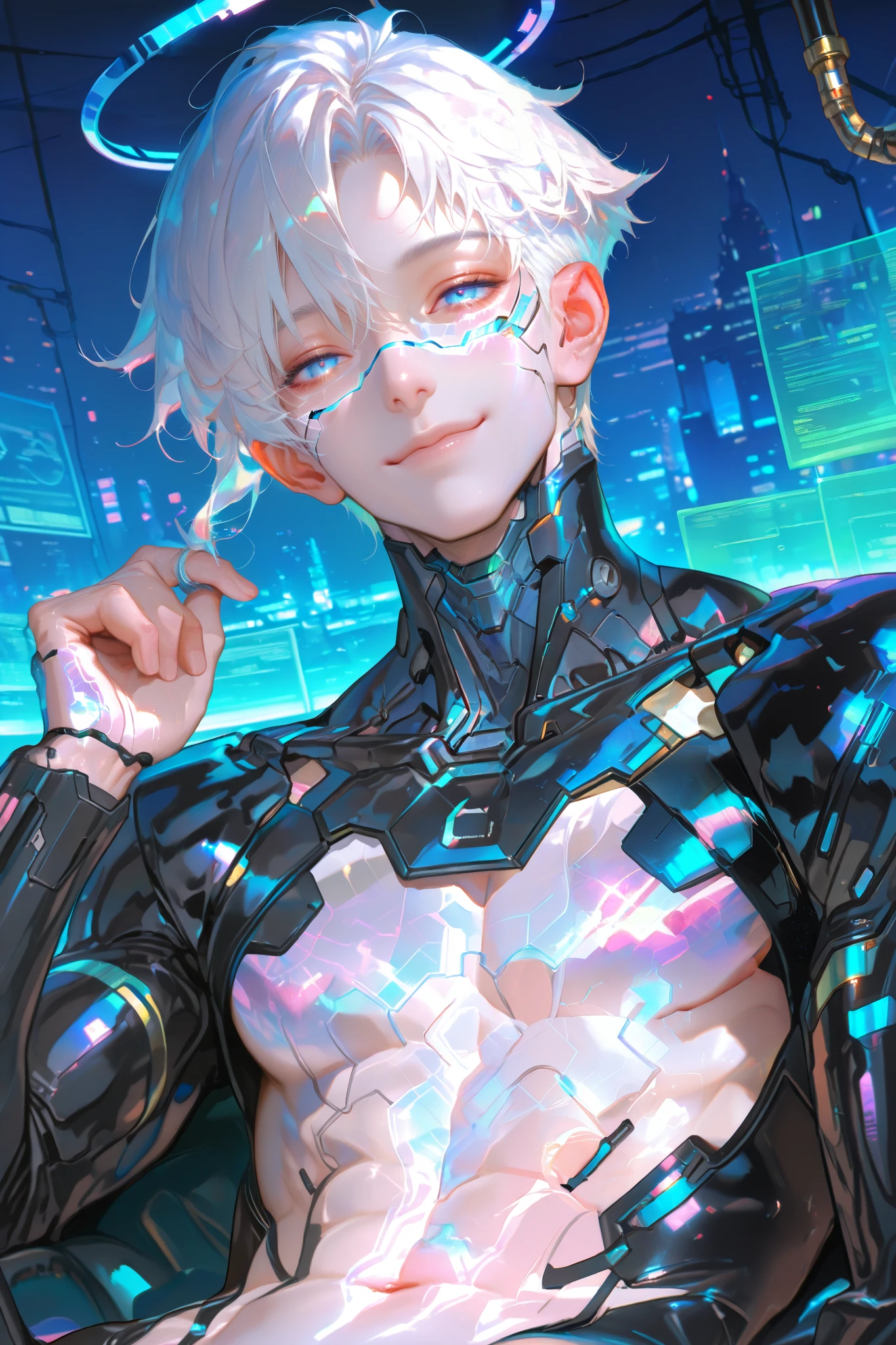 masterpiece, best quality, Detailed Eyes, boy, shortcut white hair, blue eye, semi realistic, toned, blue neon accessories, black cyber fullsuit, smile, solo charactor, cyberpunk background, hologram, hologram blue halo, looking at viewer, no nipple, scratching himself hair