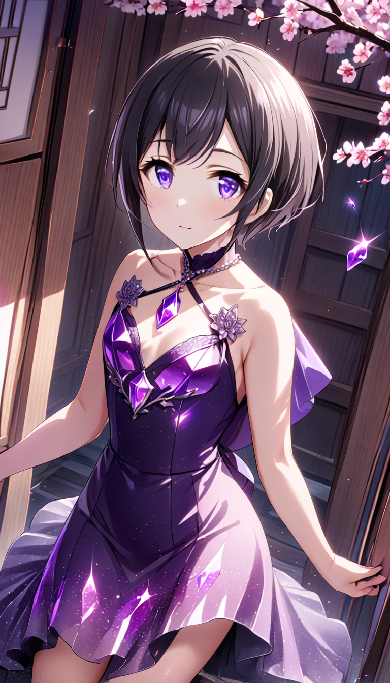 anime girl in beautiful short purple dress, short brown hair, brown eyes, in dress, sexy anime waifu in a nice dress, anime visual of a sexy girl, anime moe artstyle, from girls frontline, anime girl wearing a purple dress, seductive anime girl, medium breasts, anime girl smiling, short hair, makoto shinka, rin