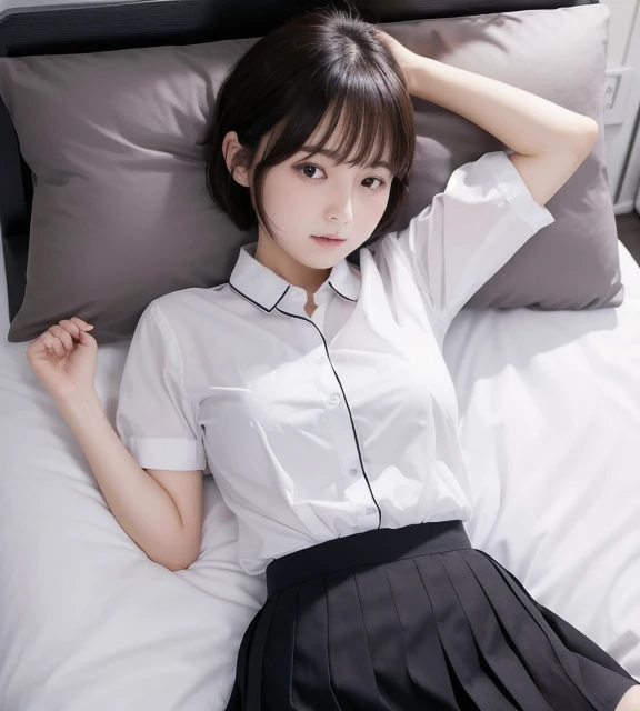 (1girl), Cute, 14 years old, looks pure, 8k, RAW photo, (photo realistic:1.37), ultra high res, best quality, small round face, big eyes, extremely detailed face, extremely detailed eyes, slender, slender legs, slim long legs, depth of field, (background:luxury condominium:1.1), shy smile, blush, professional lighting, shiny skin, face lights, natural shading, Very realistic skin texture, full body, from above, laying on bed, BREAK (wearing miniskirt maid uniform:1.1), (wearing thigh-high socks:1.1), BREAK (wearing cat ear headband and cat tail:1.1), BREAK (shoulder length hair with bangs:1.1),
