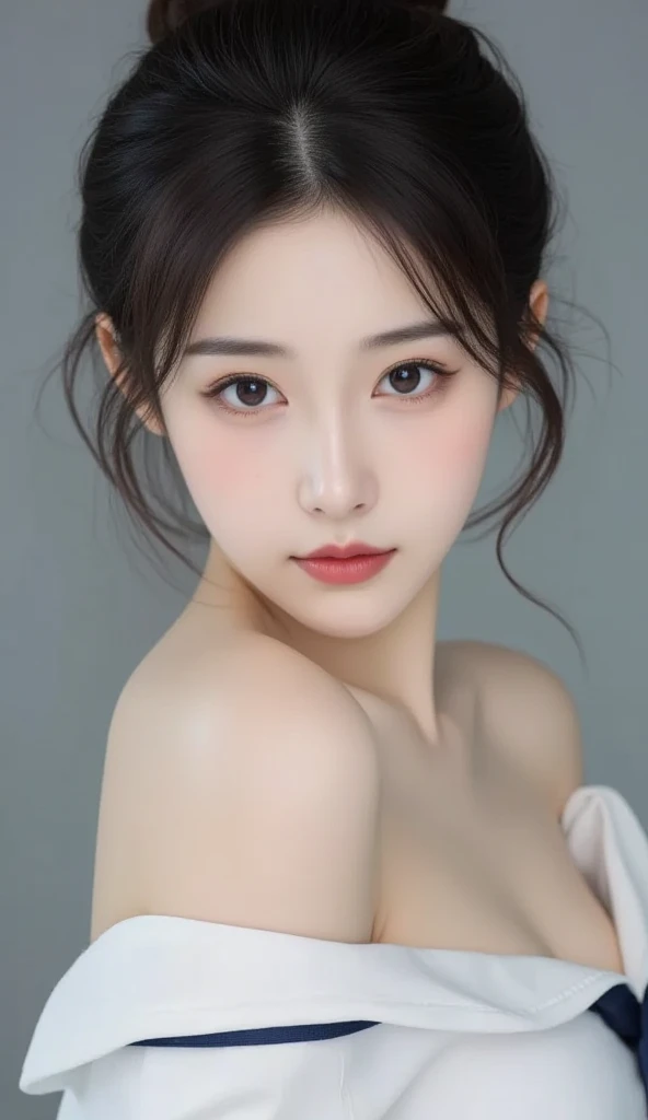 Incomparable masterpiece, ultra-realistic 8k CG, perfect artwork, ((perfect female image)), mature woman, slender waist, seductive, clean, beautiful face, {extremely delicate and beautiful girl} , 8k wallpaper, {{{Masterpiece}} }, 1girl, blonde hair, blue eyes, ponytail, police uniform, jewelry, lips, lipstick, long hair, look spectator, makeup, lips, red lips, simple background, solo, upper body, (shiny skin),