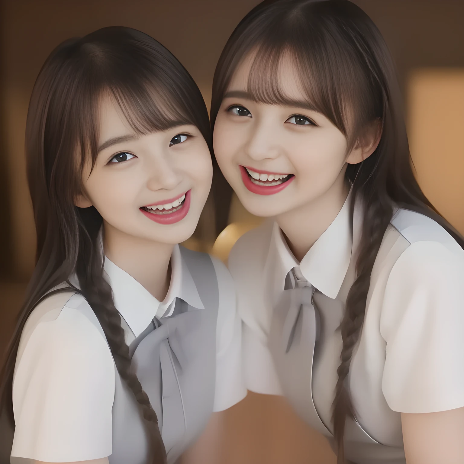 (highest quality, masterpiece, high resolution:1.2), 4K, (Photo quality detailed foreground: 1.2), geometry, (Two neat noble beautiful slender girl, girly very-long-braids-hair too beautiful photo model are seated, looking up the viewer like praying, squeezing and (drinking the viewer), and (giving contempt laughter at the viewer) with her too beautiful eyes like laughing fashion model: 1.7), (Using expensive face-whitening cosmetics to make her skin more beautiful and pure by professional makeup artist: 1.5), ((Light-Gray) Japanese school girly vest Uniform with neat girly light-yellow short-sleeves school blouse, puffed short sleeves: 1.2), (white socks and school loafers: 1.5), (Dark blue glossy glossy school ribbon on the breast: 1.0), (Extremely laughing cheeks: 1.8), (Beautiful light-amber large clear open eyes with balanced and detailed cutely: 1.4), (double eyelids: 1.0), (highly curled bangs: 1.2), (Glossy lips: 1.0), (too long very neat braids hair: 1.7), (white and clear skin: 1.0)