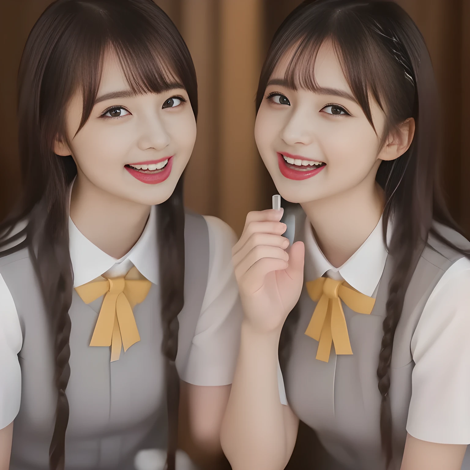 (highest quality, masterpiece, high resolution:1.2), 4K, (Photo quality detailed foreground: 1.2), geometry, (Two neat noble beautiful slender girl, girly very-long-braids-hair too beautiful photo model are seated, looking up the viewer like praying, squeezing and (drinking the viewer), and (giving contempt laughter at the viewer) with her too beautiful eyes like laughing fashion model: 1.7), (Using expensive face-whitening cosmetics to make her skin more beautiful and pure by professional makeup artist: 1.5), ((Light-Gray) Japanese school girly vest Uniform with neat girly light-yellow short-sleeves school blouse, puffed short sleeves: 1.2), (white socks and school loafers: 1.5), (Dark blue glossy glossy school ribbon on the breast: 1.0), (Extremely laughing cheeks: 1.8), (Beautiful light-amber large clear open eyes with balanced and detailed cutely: 1.4), (double eyelids: 1.0), (highly curled bangs: 1.2), (Glossy lips: 1.0), (too long very neat braids hair: 1.7), (white and clear skin: 1.0)