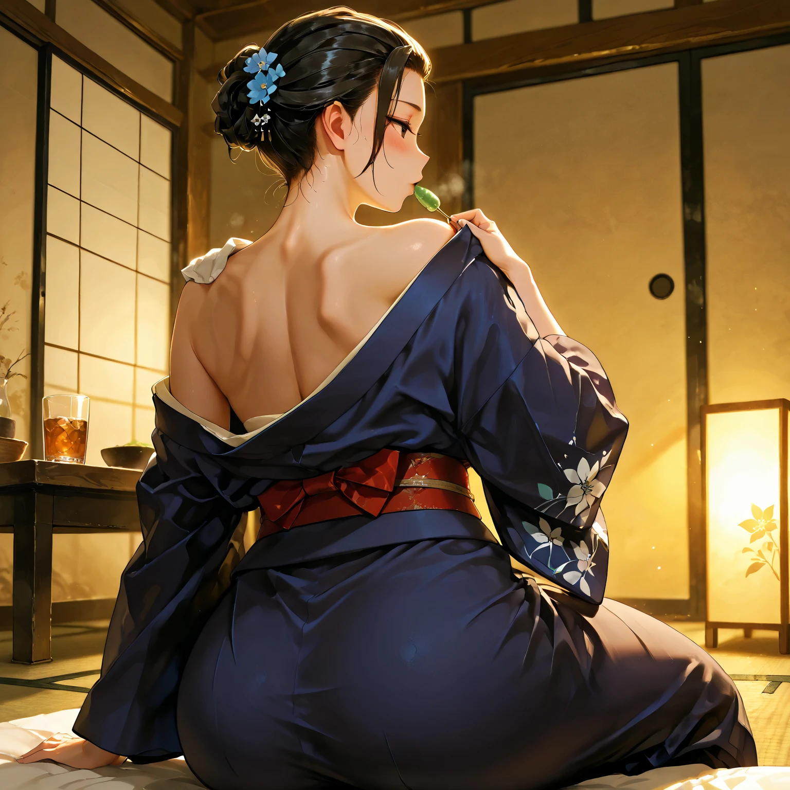 ((Highest quality)), ((masterpiece)), (detailed), One person, Off-the-shoulder sweater, Twelve-layered kimono、light green kimono、Back view、Lantern、Twilight、Tatami room、Butterflies fluttering
