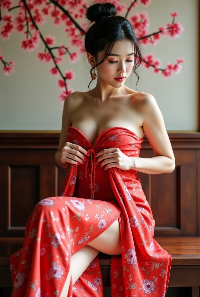 ((Top quality, 8k, Masterpiece: 1.3)), Sharp focus :1.2, ((Body slim thin captivating)). ((Skin tattooed)), huge breasts, huge ass, fitness legs. Make-up face. Red lipstick. hair accessories, hair Bun, elegance, enchanting,
((Beautiful Japanese Geisha)), ((long skirt. Red kimono. Bare shoulder, legs and breasts)),
Long legs_full body. Sit down. Under the floor. ((Dark background))