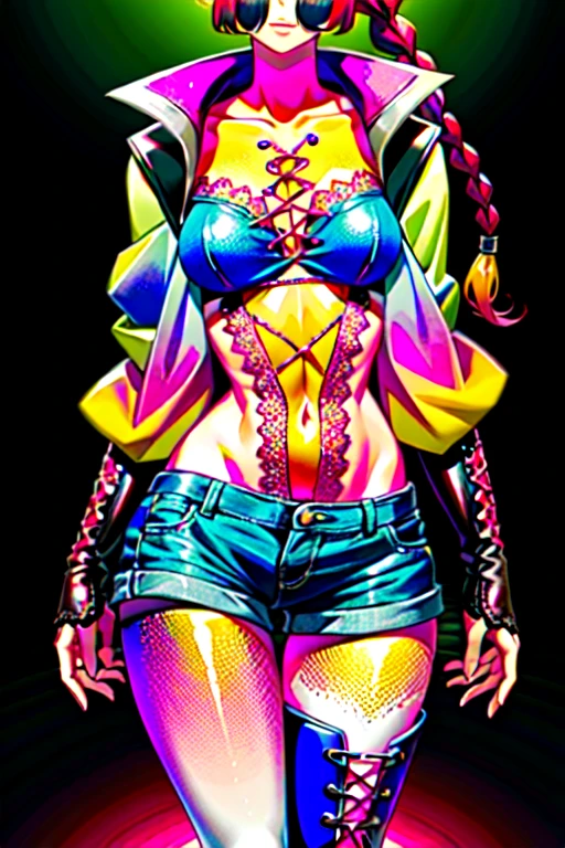 Background, In chic boho style, in club, Ice cream print, multi-colored neon lights, neon garlands, rose hair, mixed-language_SMS, Japanese, (beautiful and clear background:1.2),, fantastic paintings ,graffit style, high detailed eyes , underwear, lace, latex, Pink, Purple, mint, Blue, Yellow, belve, lavender hair, Skull Print, body piercings, Loving, Love, ultra detail hair, Masterpiece, Best Quality, hiquality, hight resolution, detail enhancement, ((most beautiful image in the world)), Masterpiece, Best Quality, hiquality, hight resolution, detail enhancement, ((most beautiful image ), Shiny pink degrade hair, Ultra Short Fitted Stampa, art by stjepan sejic, art by j scott campbell, Artist Guillem March, art by citemer liu, 4k, hight resolution, comic book character, comic, high quality detailed, style of ::2.0 comix illustration style,tatoon style, hiquality, hight resolution, detail enhancement, 8K, HD, Best Quality, hiquality, hight resolution, detail enhancement, 8K, HDR, sharp-focus, Ultra Detailed, perfect lighting, Curvy Body, Lush breasts, Curvy hips, skull print on clothes, rock, rock star, Cool,black leather jacket with skull print, style of, spikes, Punk Rock, Wolf, Cat's ears, Cool bracelets, Choker, calavera, gotik, Short shorts, fishnet pantyhose, (((plays the guitar))) plays the electric guitar, Plays, electric guitar, musician, guitarist, neon strings, virtuoso, Heart Print, Heart, glares, Multi-colored highlights, disco, cacti, Succulents,