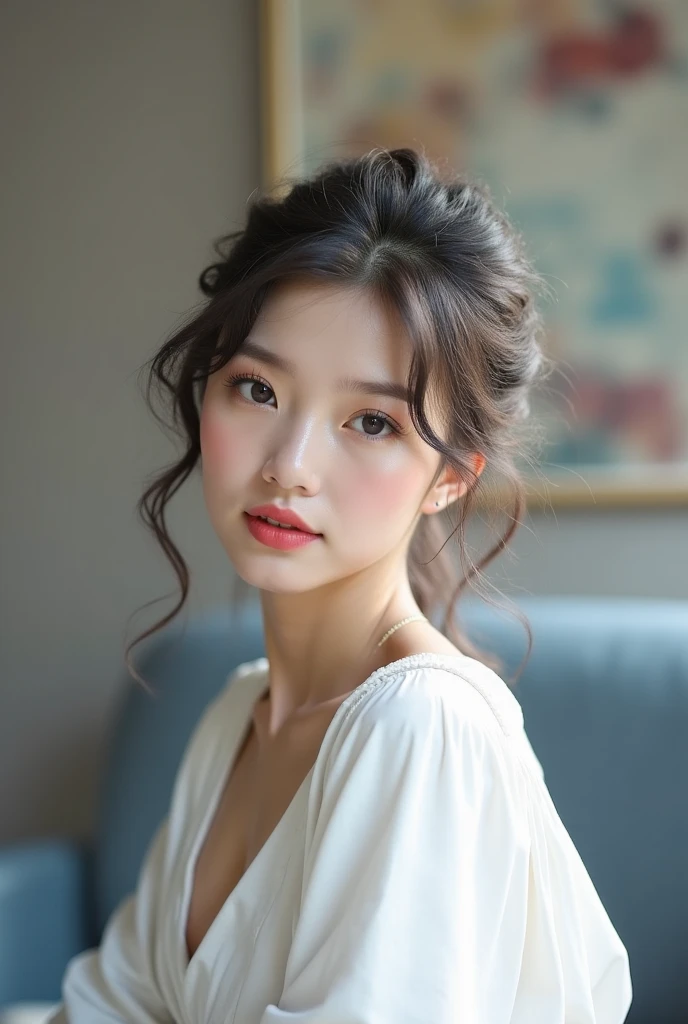 Create a photorealistic image of a beautiful Asian woman with fair, smooth, flawless skin. She has large, round, sparkling eyes with naturally long and curled eyelashes, and well-defined, dark eyebrows. Her nose is straight and high, and her naturally pink, soft lips form a gentle smile. She has short, slightly curled brown hair that highlights her delicate facial features. Her face is oval-shaped, with a wide and high forehead, moderately high cheekbones, and a pointed, slender chin. She is wearing a soft pink sweater relaxed neckline that casually drapes off one shoulder, exposing slender shoulders with ((black trap)), highlighted by the rays of light creating a radiant effect on her skin. The overall atmosphere is serene and intimate, capturing a peaceful moment of solitude and the beauty of the light, mid-shot , light rays warm atmosphere