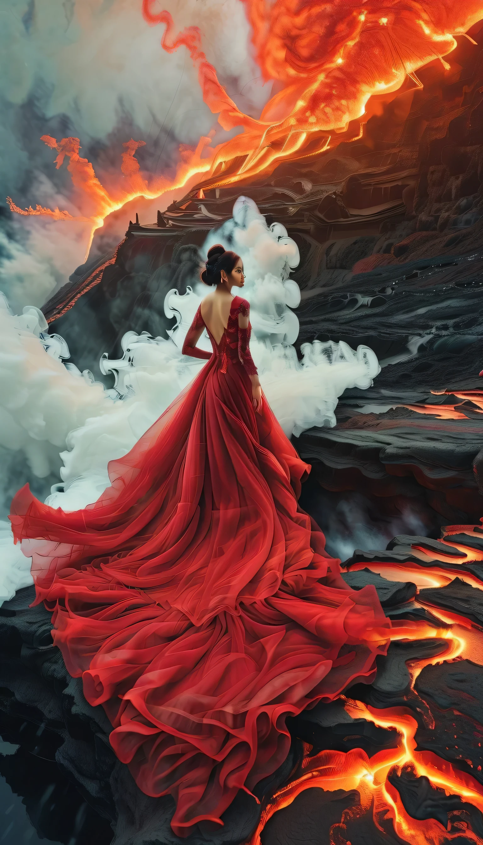 Realistic photo of a beautiful woman in a dramatically over flown long and flowing red bridal gown, little fireballs falling from the sky, meteor shower, walks on the surface of the hot flaming lava, lava bubble and steams, hazy, heat blur, dark cloudy sky
