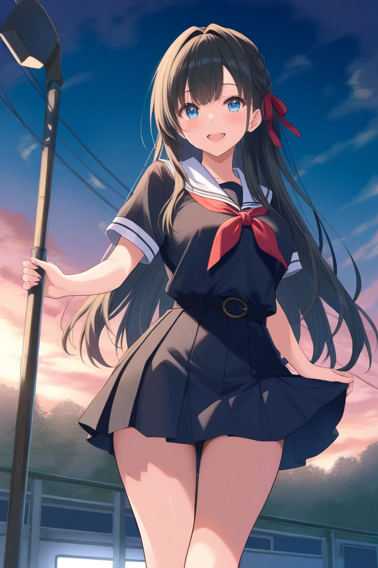 highest quality, 1 girl, Uniform Ilya, Ilya&#39;s uniform,outdoors,(((wind lift))),skirt lift, side tie_panties, windy upskirt,