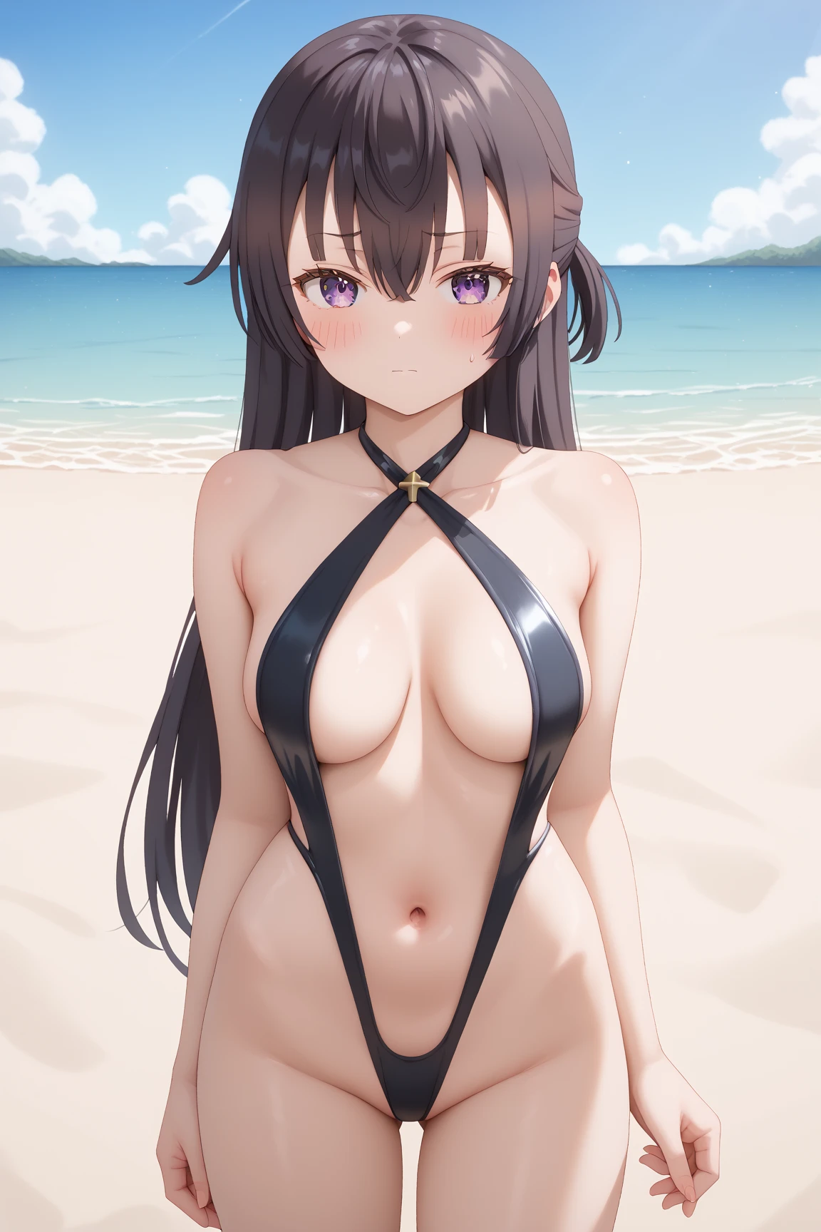 Highest quality,masterpiece,Slingshot style swimsuit,Beach,,See-through material
