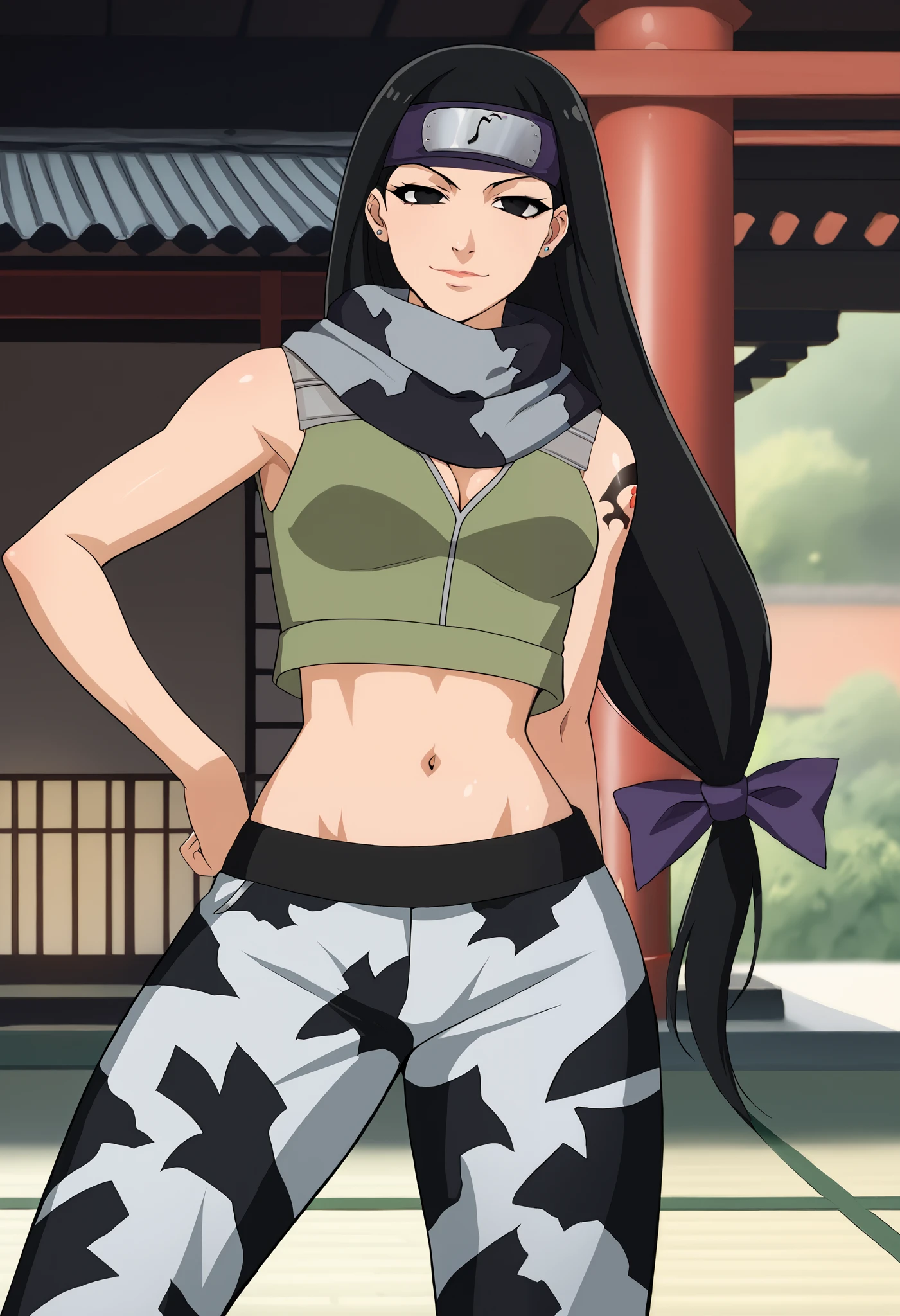 score_9, score_7_up, 1girl, solo, kin tsuchi, black hair, low-tied long hair, black eyes, forehead protector, hair bow, green vest, grey scarf, camouflage pants, ,, ear piercing, long hair,, lipstick,Hot girl, baddie, sensual, attractive, midriff, , evil expression, exposed belly, exposed navel, exposed midriff, exposed lower belly, bellybutton , evil smile, smile, cleavage,, japanese architecture, temple, ,dragon tattoo, narrowed eyes, tattoo midriff,