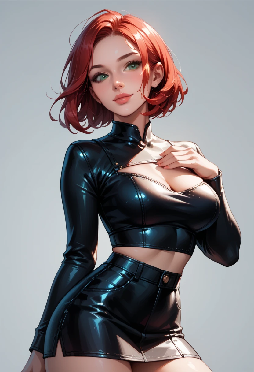 (high-level image quality), (high quality), (high resolution), (detailed), (masterpiece), beautiful woman, ((caucasian)), green eyes, red hair, short hair, dark red lipstick, black top, leather jacket, leather pants, portrait, sexy