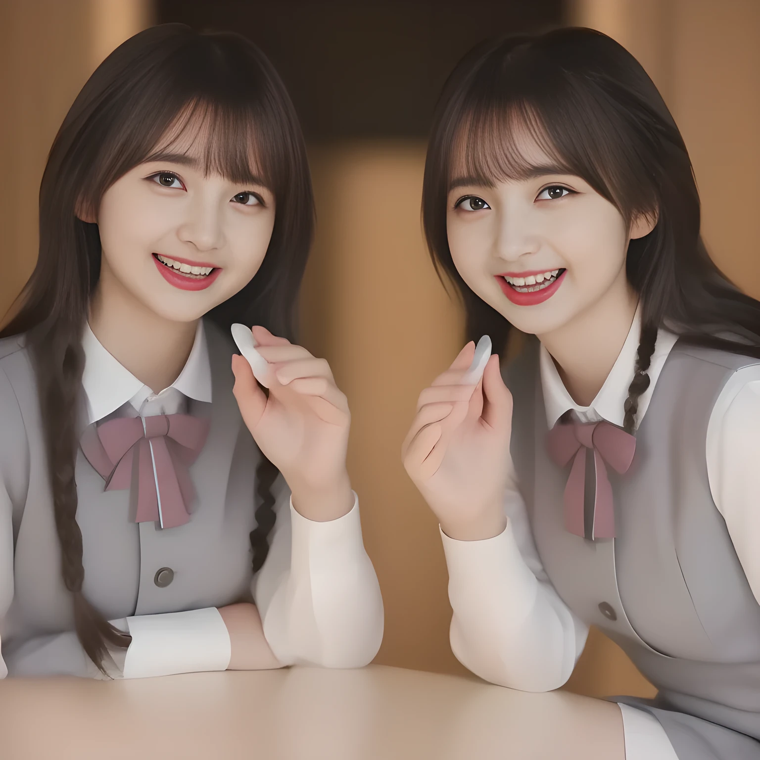 (highest quality, masterpiece, high resolution:1.2), 4K, (Photo quality detailed foreground: 1.2), geometry, (Two neat noble beautiful slender girl, girly very-long-braids-hair too beautiful photo model are seated, looking up the viewer like praying, squeezing and (drinking the viewer), and (giving contempt laughter at the viewer) with her too beautiful eyes like laughing fashion model: 1.7), (Using expensive face-whitening cosmetics to make her skin more beautiful and pure by professional makeup artist: 1.5), ((Light-Gray) Japanese school girly vest Uniform with neat girly light-yellow short-sleeves school blouse, puffed short sleeves: 1.2), (white socks and school loafers: 1.5), (Dark blue glossy glossy school ribbon on the breast: 1.0), (Extremely laughing cheeks: 1.8), (Beautiful light-amber large clear open eyes with balanced and detailed cutely: 1.4), (double eyelids: 1.0), (highly curled bangs: 1.2), (Glossy lips: 1.0), (too long very neat braids hair: 1.7), (white and clear skin: 1.0)