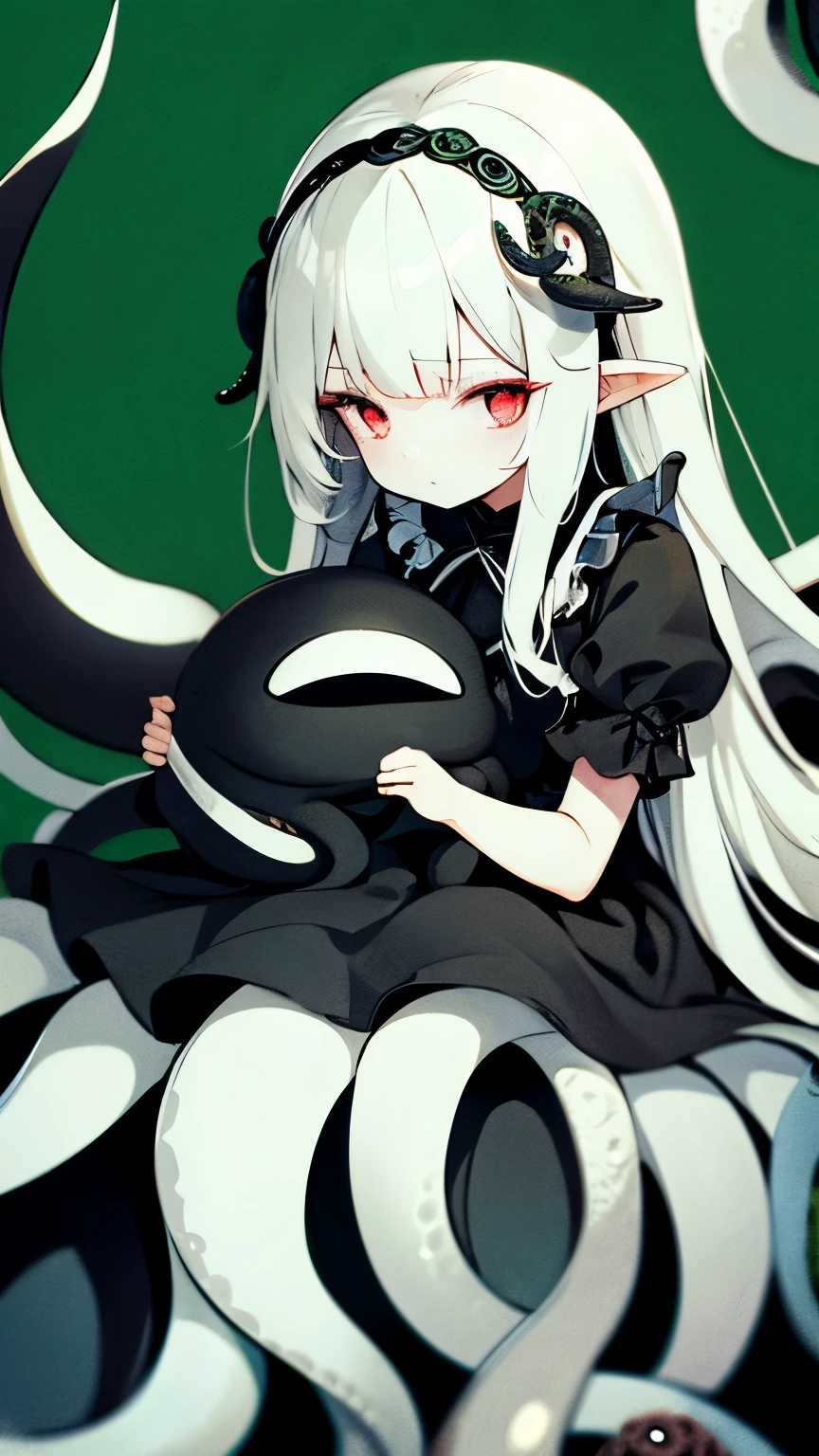 Little character gothic girl(Long, fluffy white hair、red eyes、A black and white frilly dress、wears a hair ornament that looks like an octopus tentacle),green background