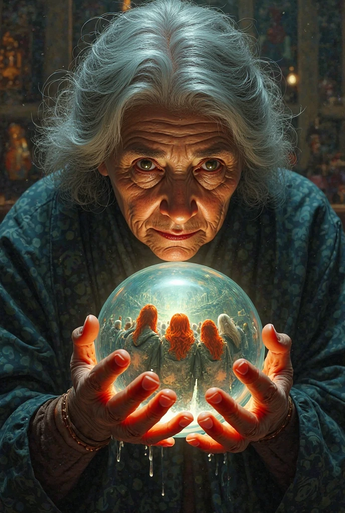 Old woman holding a crystal ball in the street surrounded by children
