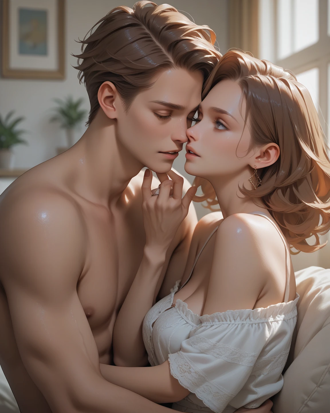 The woman is Italian, 3, pale white skin, long wavy black hair with bangs, eyes browns, lean and curvilíneo body. The man is Irish, 30years, freckled skin, natural red straight hair, gold eyes, has a well-groomed beard, wear glasses, toned body. Reproduce these characters without clothes, the woman sitting on top of the man, gaping mouth, pubic-hair, exposed tits, niplles, sex.