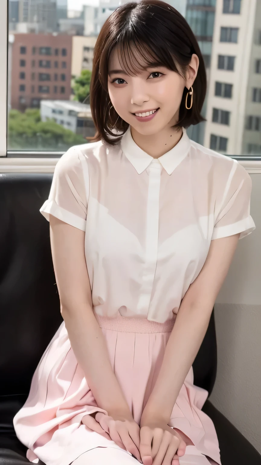 a closeup, masterpiece, top-quality, FULL ANATOMY、Raw foto, Photorealsitic、(Cute little face:1.3)、(Very cute smile:1.7)、(with round face:1.8)、(She has a cute face like an idol:1.3), A dark-haired、(Tokusatsu Pink、Pink Ranger:1.9), depth of fields, hight resolution, ultra-detailliert, finely detail, ighly detailed, extremely detailed eye and face, Realistic pupils, foco nítido, Cinematic lighting、20-year-old woman、(One lady、独奏)、sexy pose、 short-haired、Curly hair、Patsun bangs、Very detailed 8k wallpaper、Plaid pleated skirt、Show me your whole body、(Plump panties:1.3)、Cute panties in light colors、White Sox、(Panties are visible from the skirt、Lift the hem of the skirt with both hands、Showing her panties to the camera)、is standing、Angle from below、(Thigh close-up)、(Nice figure、big breasts thin waist、Kubire、Clothes with emphasized chest bulge)、depth of fields、Bokeh in the background
