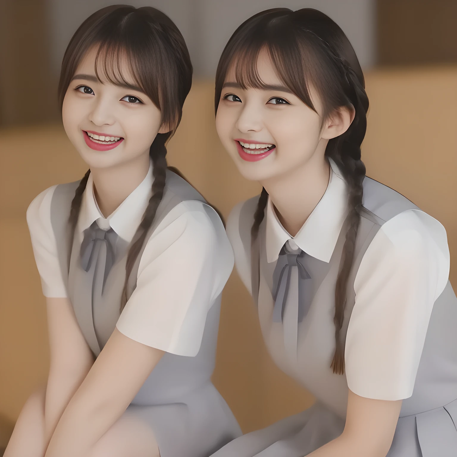 (highest quality, masterpiece, high resolution:1.2), 4K, (Photo quality detailed foreground: 1.2), geometry, (Two neat noble beautiful slender girl, girly very-long-braids-hair too beautiful photo model are seated, looking up the viewer like praying, squeezing and (drinking the viewer), and (giving contempt laughter at the viewer) with her too beautiful eyes like laughing fashion model: 1.7), (Using expensive face-whitening cosmetics to make her skin more beautiful and pure by professional makeup artist: 1.5), ((Light-Gray) Japanese school girly vest Uniform with neat girly light-yellow short-sleeves school blouse, puffed short sleeves: 1.2), (white socks and school loafers: 1.5), (Dark blue glossy glossy school ribbon on the breast: 1.0), (Extremely laughing cheeks: 1.8), (Beautiful light-amber large clear open eyes with balanced and detailed cutely: 1.4), (double eyelids: 1.0), (highly curled bangs: 1.2), (Glossy lips: 1.0), (too long very neat braids hair: 1.7), (white and clear skin: 1.0)