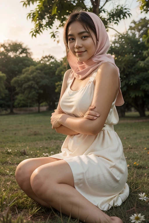 asian girl, naked, white skin, smile, red hijab , squat, outdoor, park