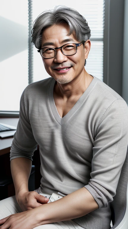 (Best Quality,hight resolution),Man sitting,(Realistic,Photorealistic:1.37),Detailed faces and facial expressions,Gentle eyes,subtle smile,Classic portrait style,Warm tones,soft and even lighting,Detailed clothing,calm and peaceful ambiance、Looking at the camera、Japan male at 50 years old、Smiling kindly、Head-on photo