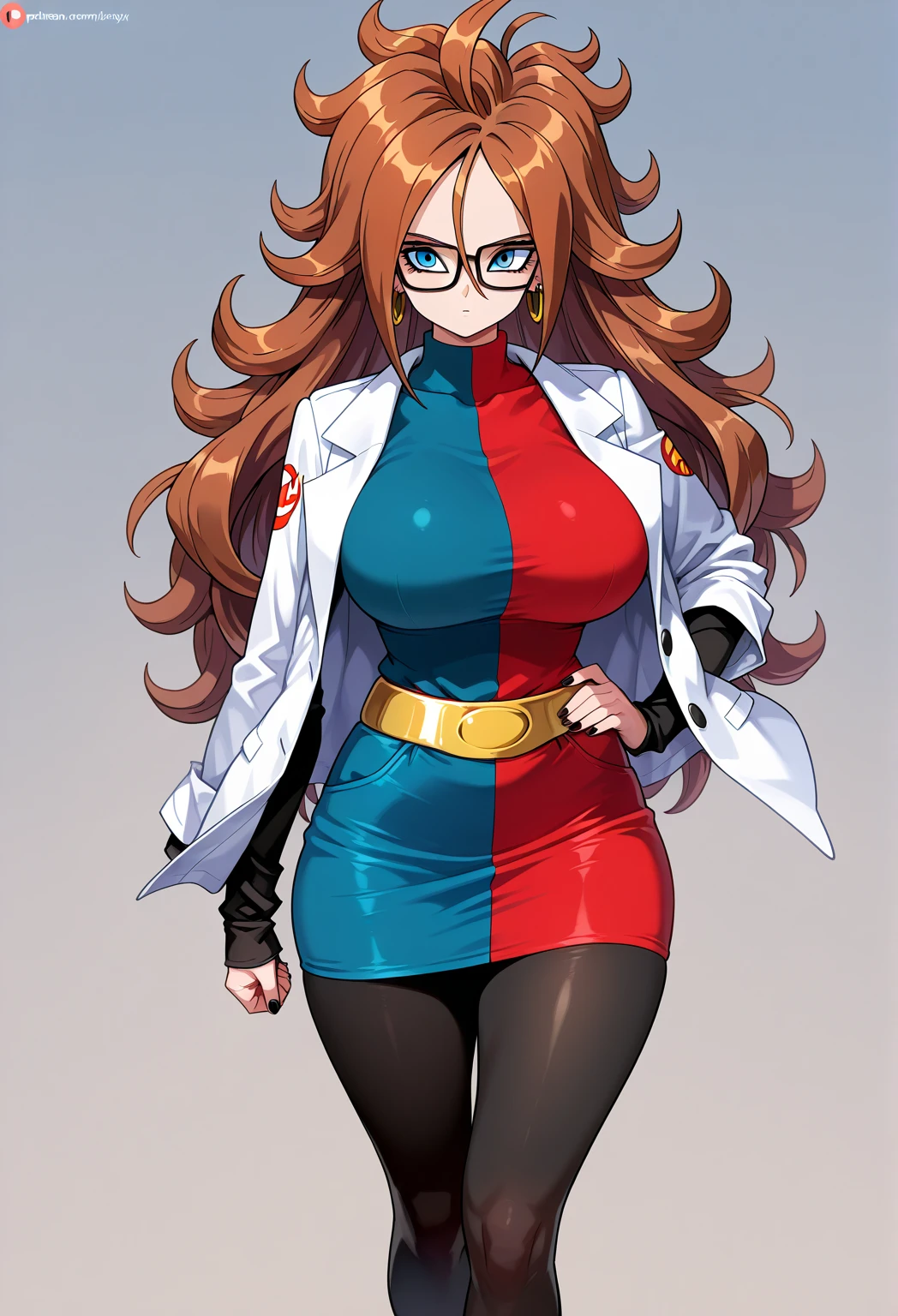 Masterpiece, Best quality, defa21, Lunettes, checkered dress, Labcoat, collants noirs, Haut du corps, gros seins, smirk, furrowed brow, Regarder le spectateur, mouth closed, comptoir, science, Béchers, microscope, arms crossed, big breast