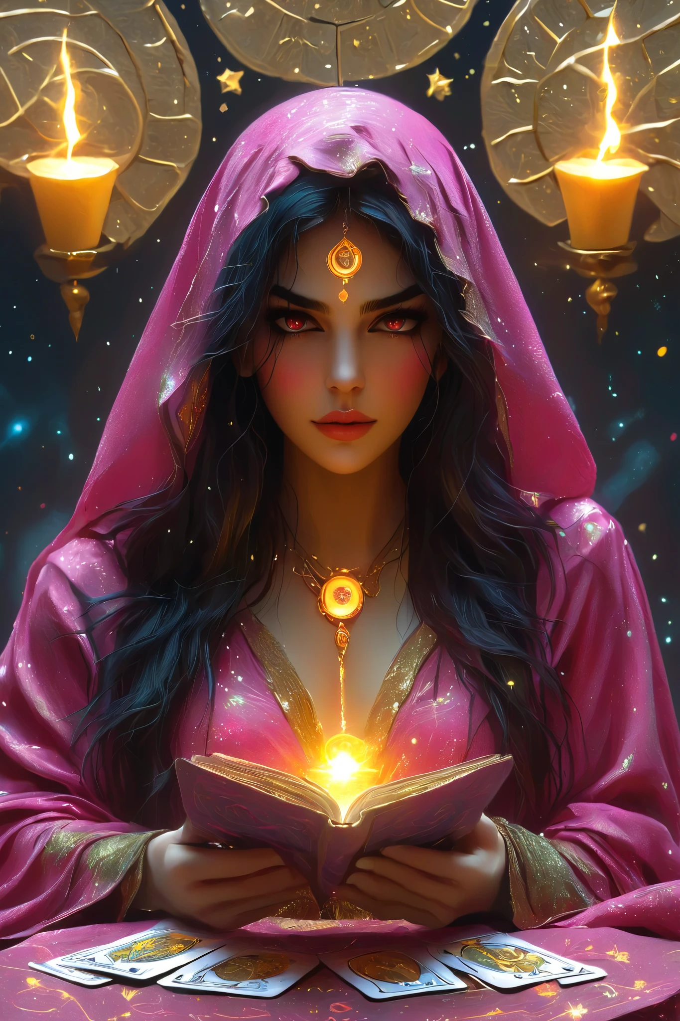 Magnificent, A robed astrologer sits quietly at a table covered with symbols,showing up a gypsy tarot cards in her hand,sits on the Zodiac table cloth,glowing eyes,glowing colorful zodiac, There is arabic text at the bottom of the card, fit snugly on face, Tarot, Very high texture quality, Front and sides, Full of mysterious magic, the Front and sides are on the card, The overall color is dark pink and bright gold, Reflective shiny gold, Ultra-detailed face, Ultra-fine clothing texture, Ultra Detailed,glowing golden aura background