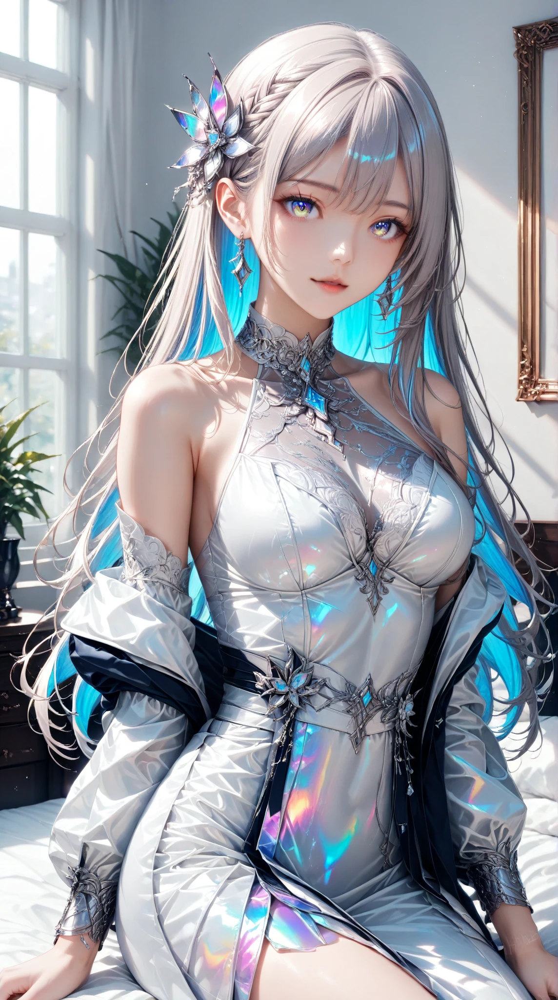 (photorealistic:1.8, highest quality:1.8,8K masterpiece:1.8,High resolution,muste piece:1.8,RAW Photos,cinematic lighting),No split screen, (1 android girl:1.3)、Completely naked、full body tattoo、beautiful big breasts、choker、Nipple piercing、Kimono、beautiful butt,beautiful thighs,plump nipples、Nipples are visible through the costume,cameltoe,Body painting with a pop design drawn all over the body、pop art design、cutting edge fashion、conceptual art、(Beautiful shining blue-white hair:1.5)、Impassive