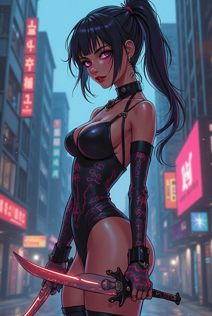 girl spacepunk,(1girl),((cute and beautiful black haired girl)),
(large breasts:1.4),saggy breasts,(((black wavy hair:1.35,absurdly long unkempt hair,messy hair,colored inner hair,ear breathing))),(((purple_eyes:1.3))),intricate eyes,beautiful detailed eyes,symmetrical eyes,((fat)),(((lustrous skin:1.5,bright skin: 1.5,skin tanned,shiny skin,very shiny skin,shiny body,plastic glitter skin,exaggerated shiny skin,illuminated skin,wet legs))),(spider lower abdomen,narrow waist,wide hip,athletic body,inflated legs,detailed body,(detailed face)),((perfect feminine face)),
cute,slutty,erotic,((nsfw)),
zettai ryouiki,revealing clothing,show skin,(wearing a mechanical space body armor:1.3,micro armor bikini,bare legs),with micro clothes,almost totally naked,with little clothing,tiny thong,generous neckline,(((wet clothes,intricate outfit,intricate clothes))),
dynamic pose:1.0,embarrassed,(centered,scale to fit dimensions,Rule of thirds),
cyberpunk city by the ocean at night, with bright neon signs and dark stormy clouds and puddles, scenery:1.25,nighttime, starry night, cosmos,Very dark night that makes the neon lights stand out, very bright neon lights,
artistic photography,(photography taken by sldr),highres, sharp focus,(ultra detailed, extremely detailed), (photorealistic artwork:1.37),(extremely detailed CG unity 8k wallpaper),((synthwave background theme)),(((vibrant colors))),intricate,(intricate background),(masterpiece),(best quality),perfect rendered face,perfect face details,realistic face,photo realistic,analog style,((intricate detail)),(((realism))),