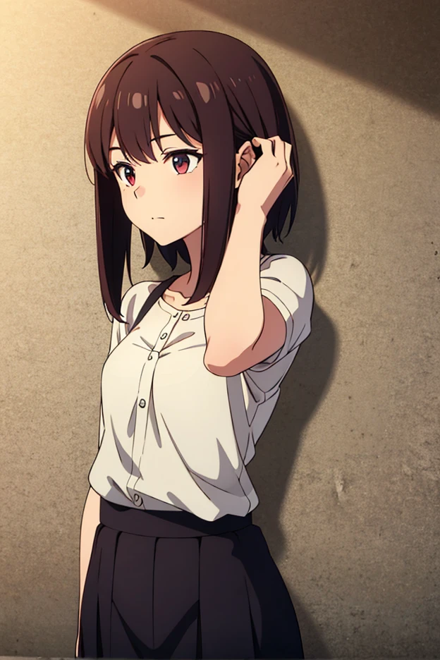 girl,  Young Adult,  medium size hair, therefore,  reddish eyes 